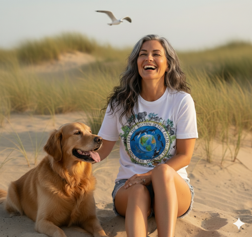 A woman in a white t-shirt with a graphic of a globe and text is sitting on the sand, smiling and petting a golden retriever dog.