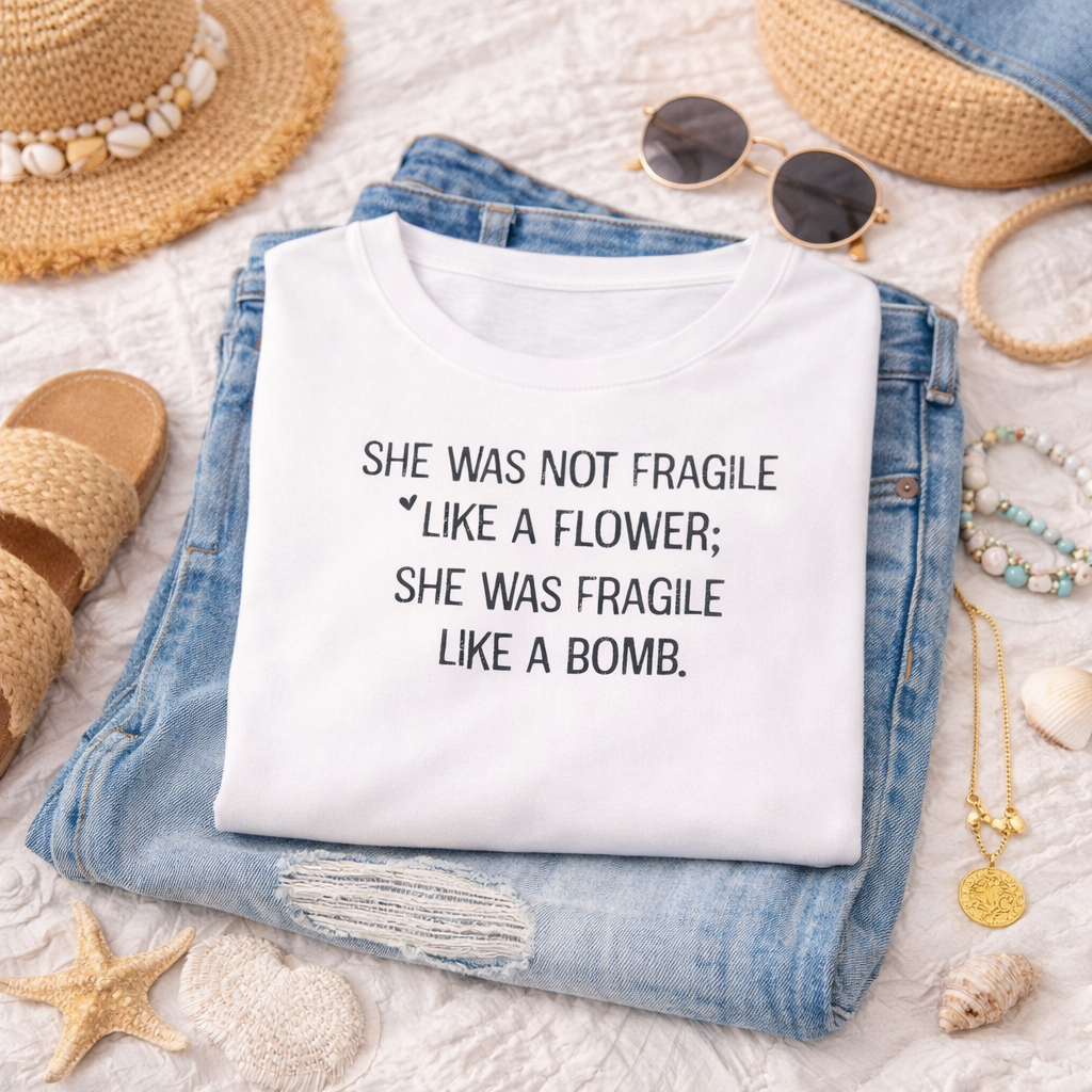 a white t-shirt with a humorous text printed on it, along with a pair of blue jeans and sunglasses, as well as some other casual clothing and accessories.