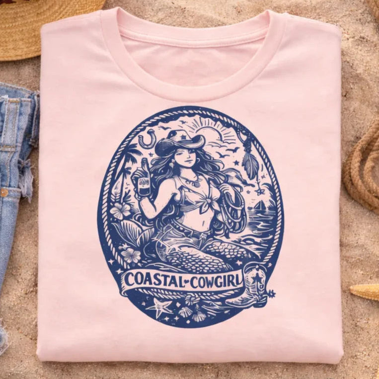 Coastal Cowgirl Tee – Lightweight Cotton Graphic T-Shirt With Mermaid Cowgirl Design