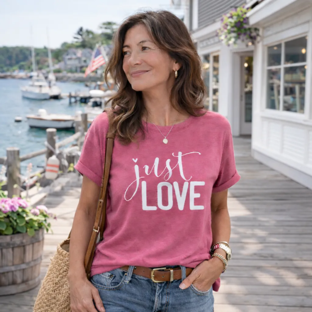 A woman wearing a pink t-shirt with the text "Just Love" stands on a wooden boardwalk near a body of water with boats in the background.