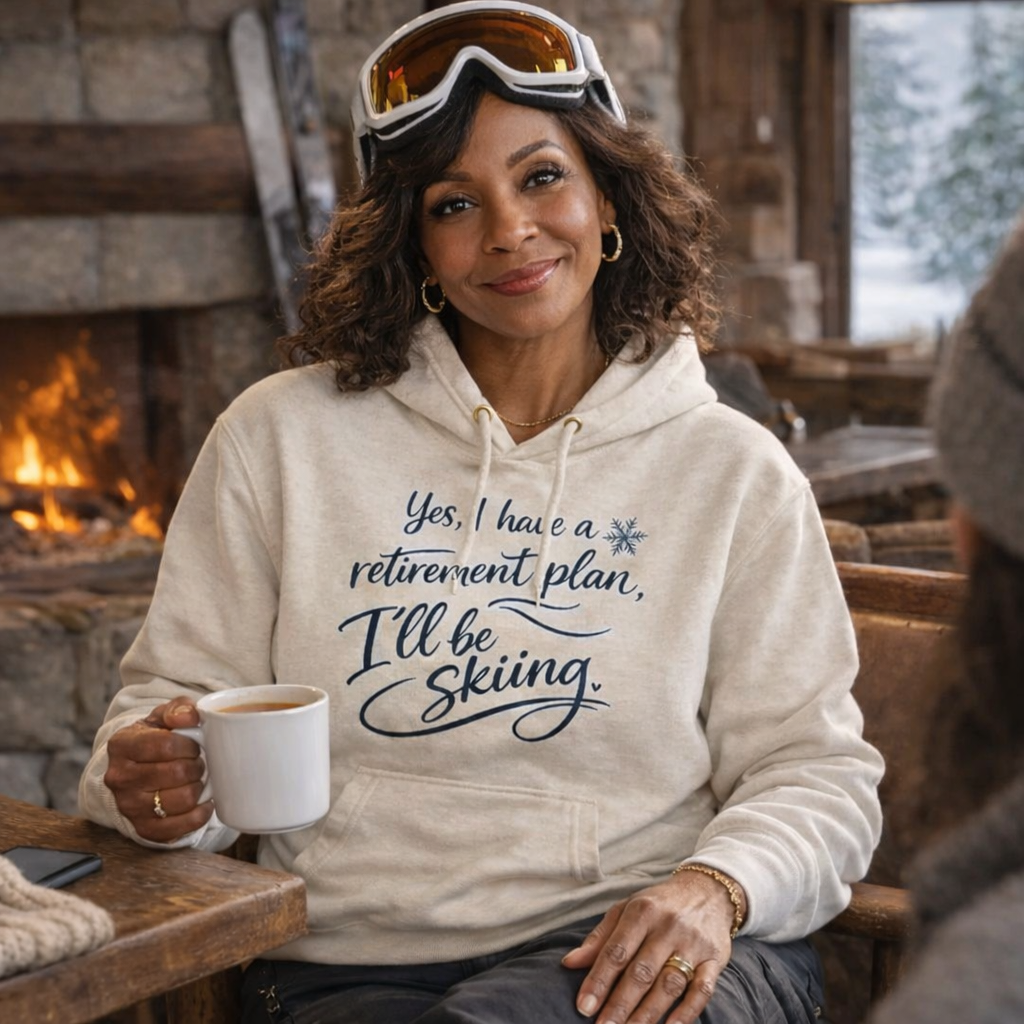 A woman wearing a ski-themed hoodie and holding a mug is sitting in front of a fireplace, smiling and looking directly at the camera.