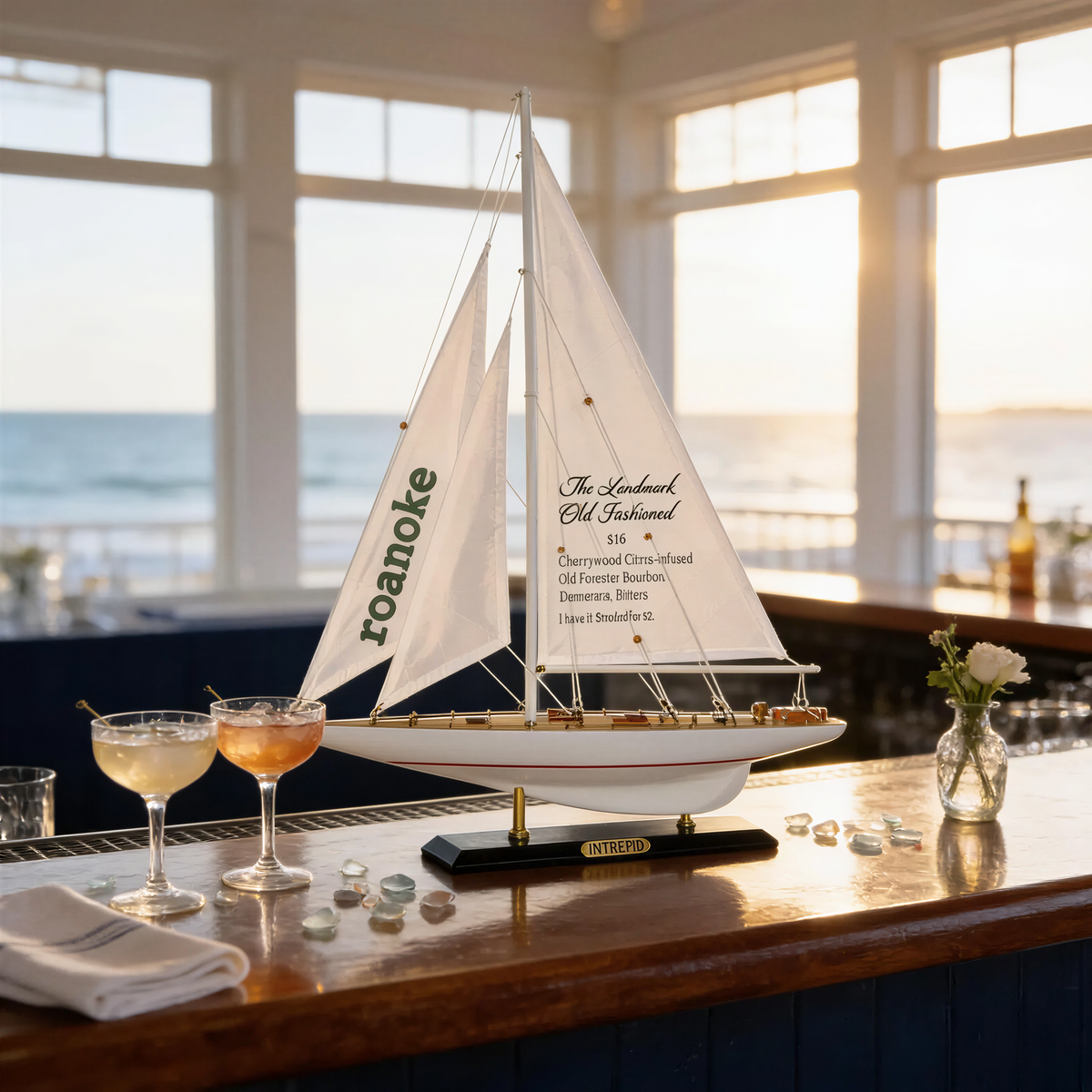 a model sailboat with a sailboat design, placed on a bar counter with two glasses of drinks and a vase of flowers nearby.
