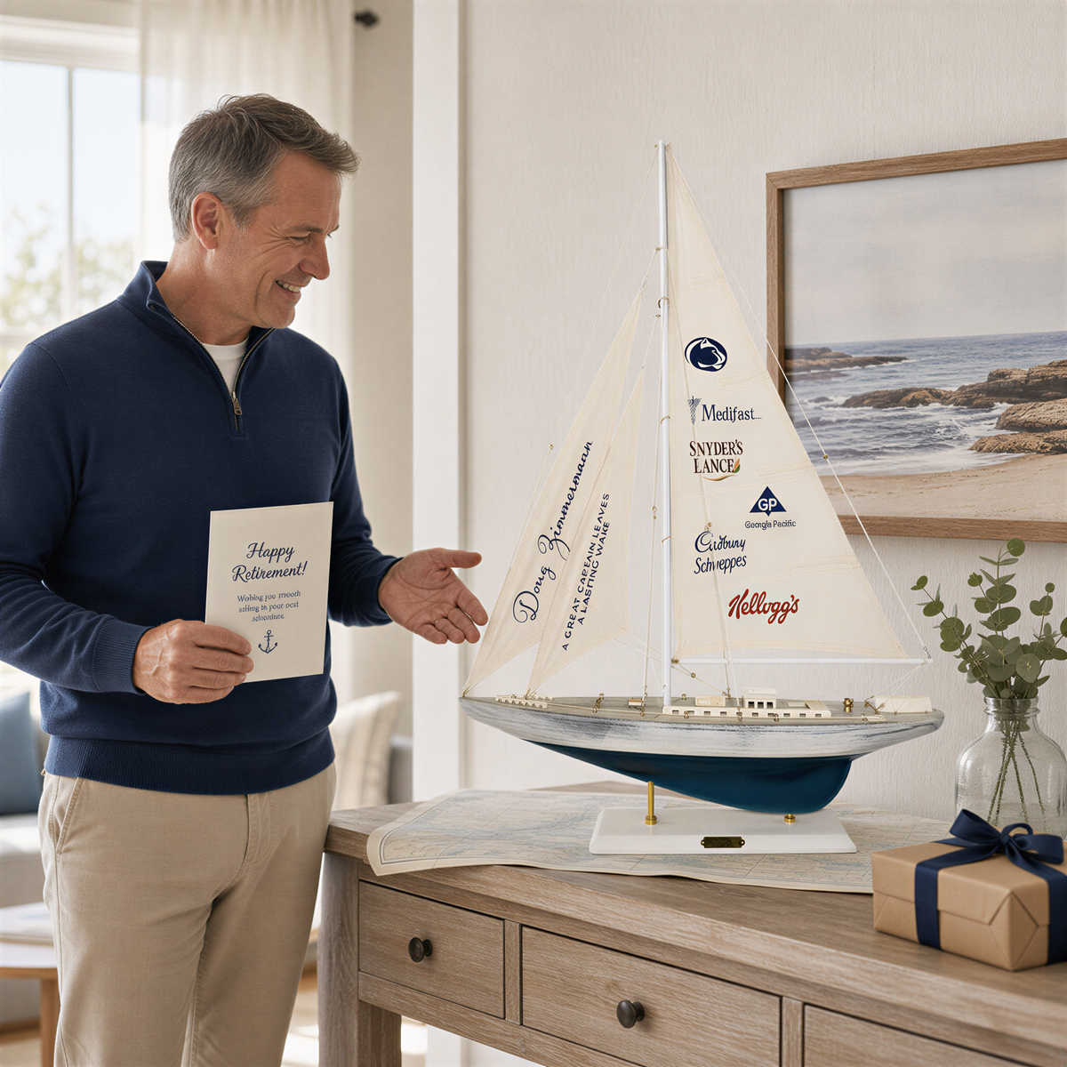 A man in a blue sweater is holding a card and smiling while standing next to a model sailboat on a table.