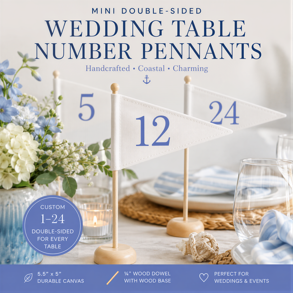 The image features a table setting with white flowers, candles, and a vase, along with three white table number flags displaying the numbers 5, 12, and 24. The text highlights the custom-made nature of the pennants and their charming design, as well as their suitability for various occasions such as weddings and events.