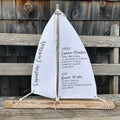 A white sailboat-shaped cocktail menu with black text, displayed on a wooden bench.