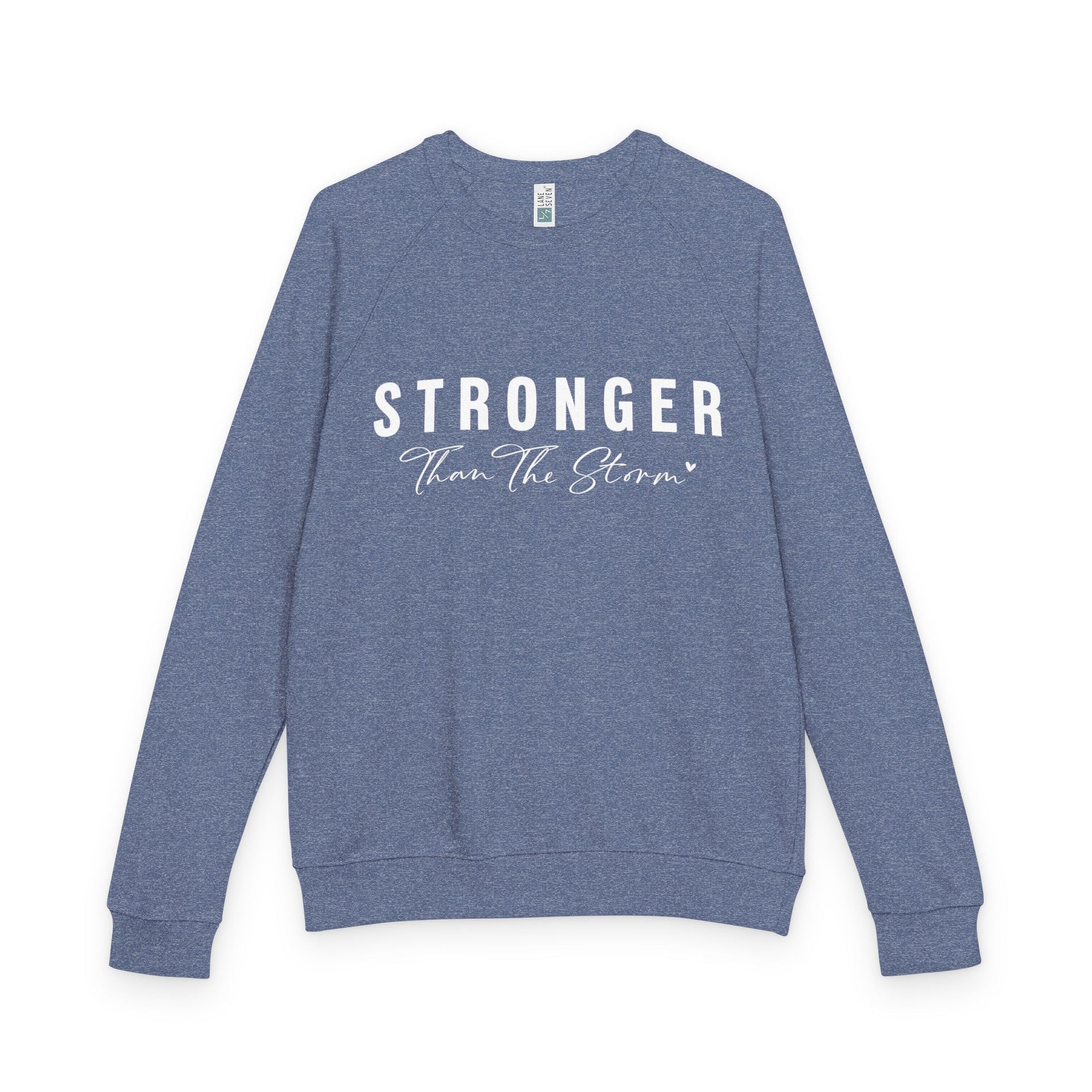 A blue Maine Salty Girl sweatshirt with the text "STRONGER Than The Storm" printed on it.
