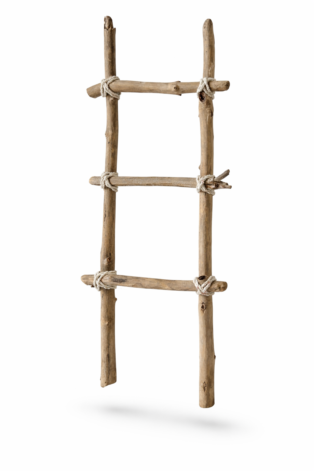 A simple wooden ladder made of three wooden planks connected by rope.