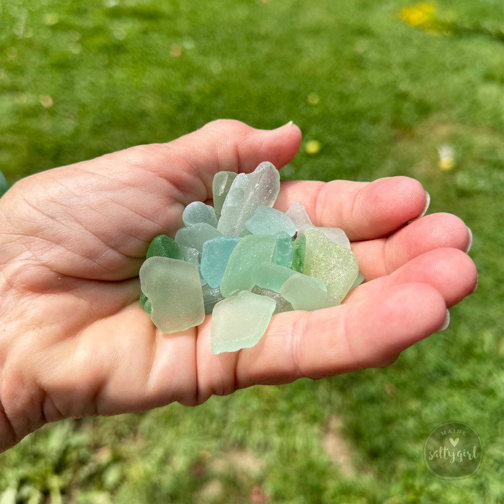 A hand holding a collection of green and white sea glass pieces against a blurred green background.