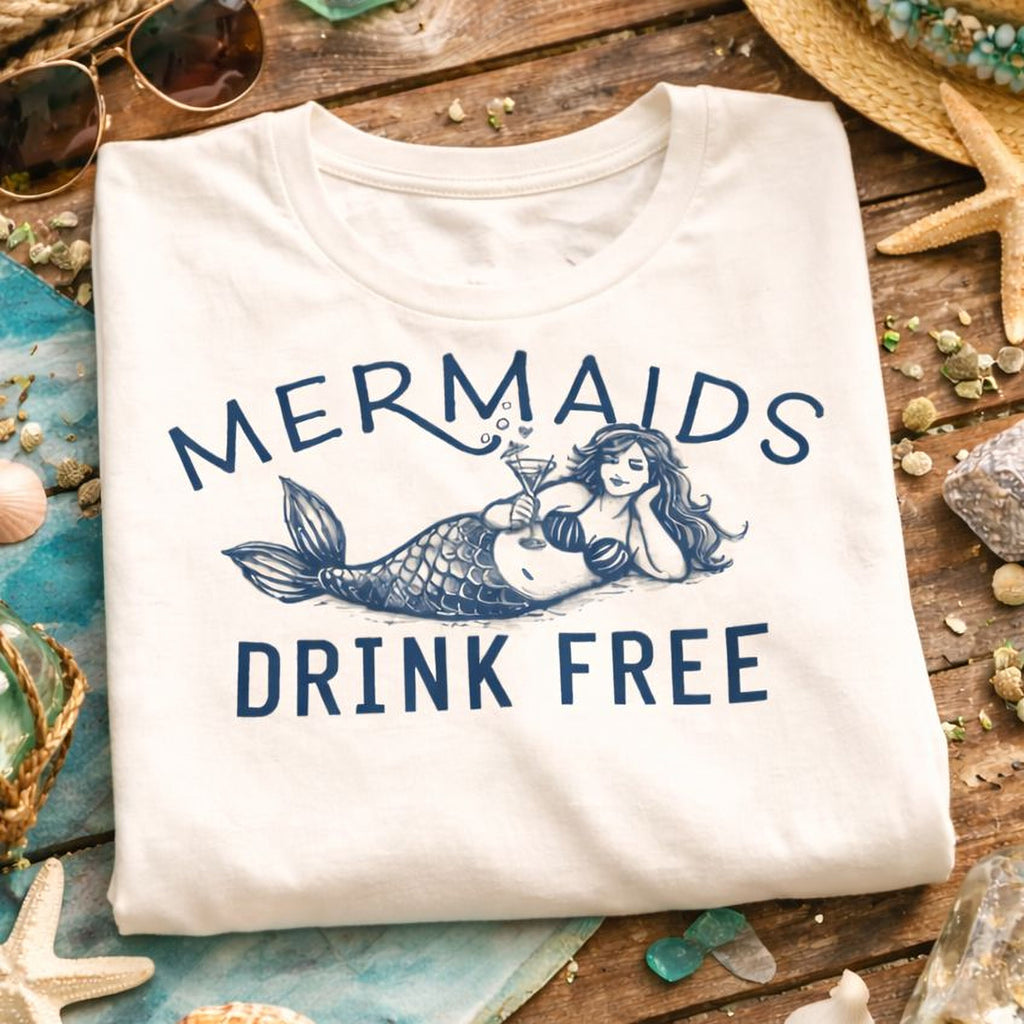 a white Maine Salty Girl t-shirt with the text "Mermaids Drink Free" printed on it, along with a mermaid illustration. The t-shirt is laid out on a wooden surface, surrounded by various beach-themed items such as a straw hat, sunglasses, seashells, and starfish.