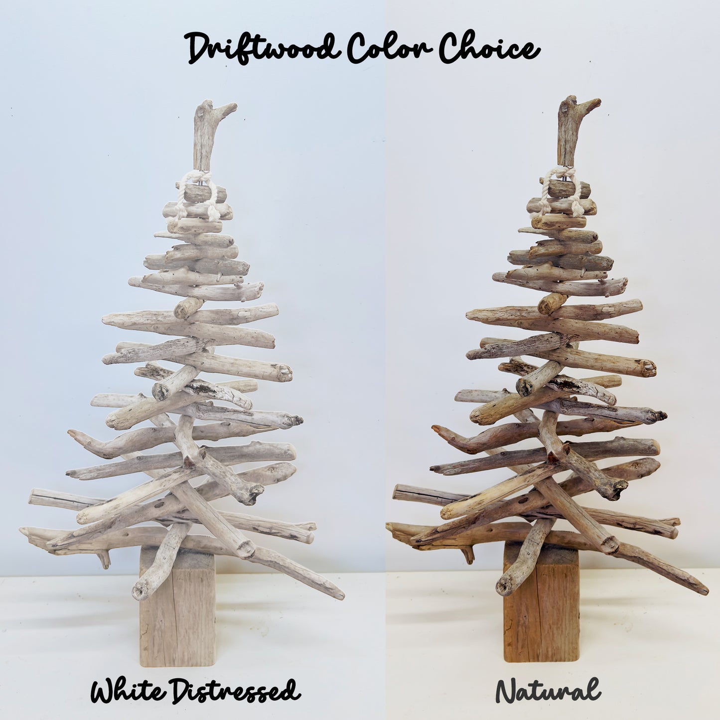 two different driftwood Christmas tree decorations, one white and one natural, with the text "Driftwood Color Choice" above them.