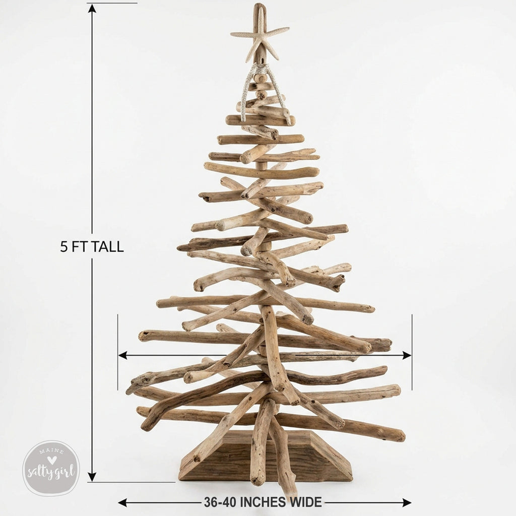 A wooden Christmas tree made from driftwood, measuring 5 feet tall and 36-40 inches wide.