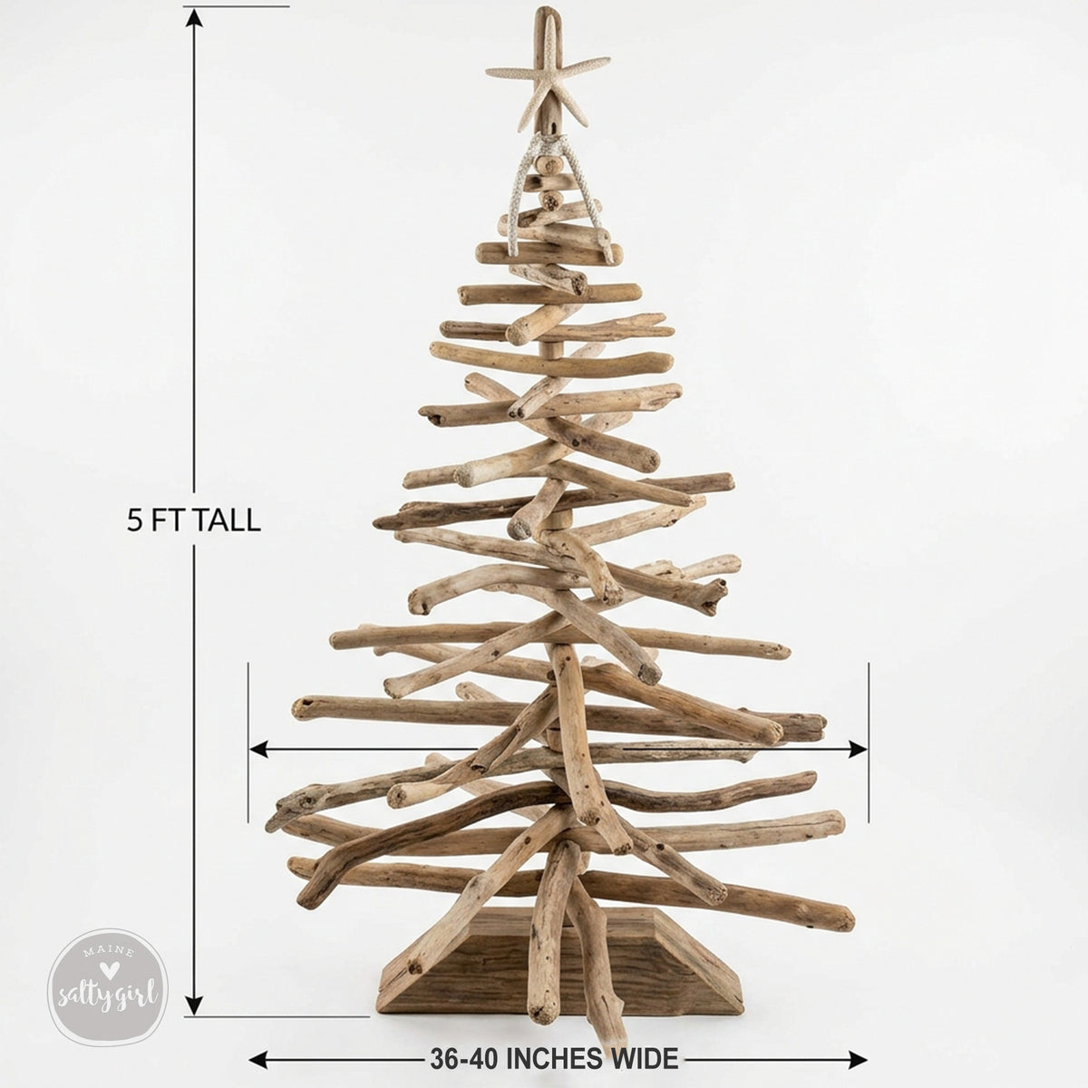 A wooden Christmas tree made from driftwood, measuring 5 feet tall and 36-40 inches wide.