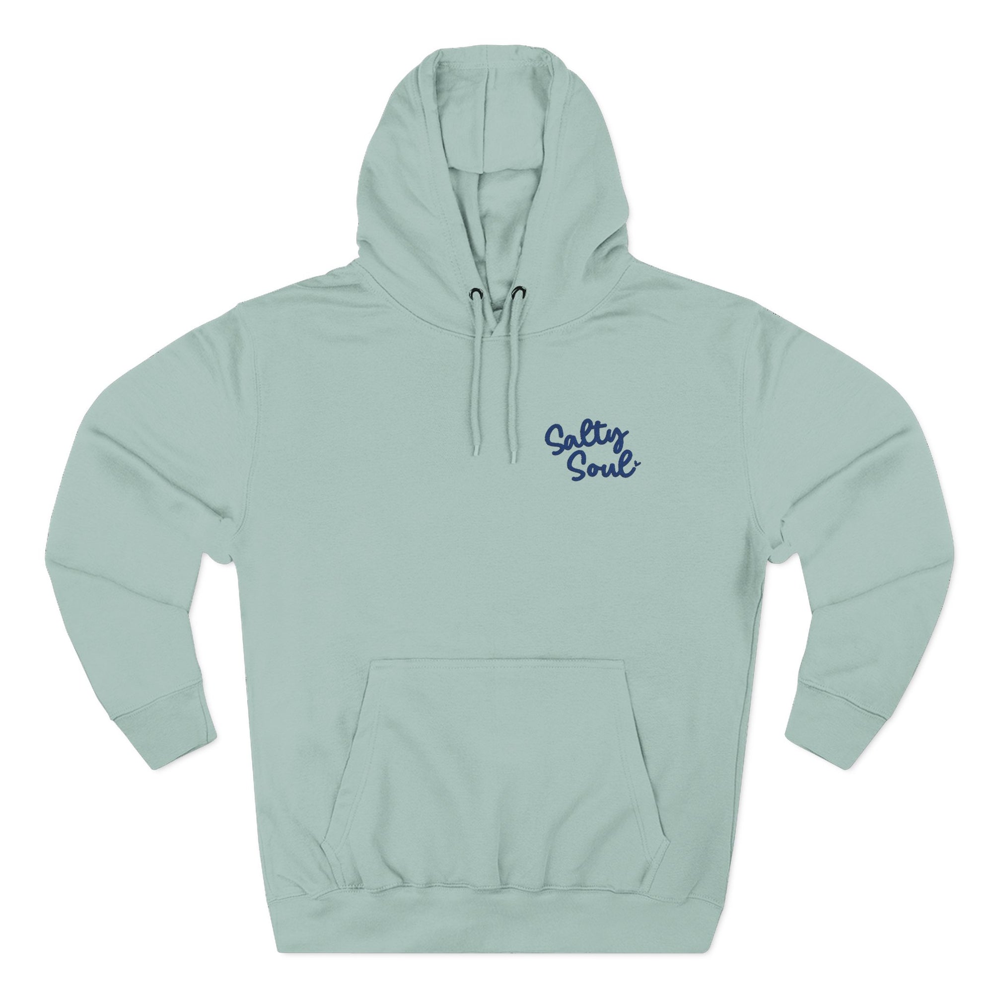 A light blue hoodie with a drawstring hood and a small pocket on the front.