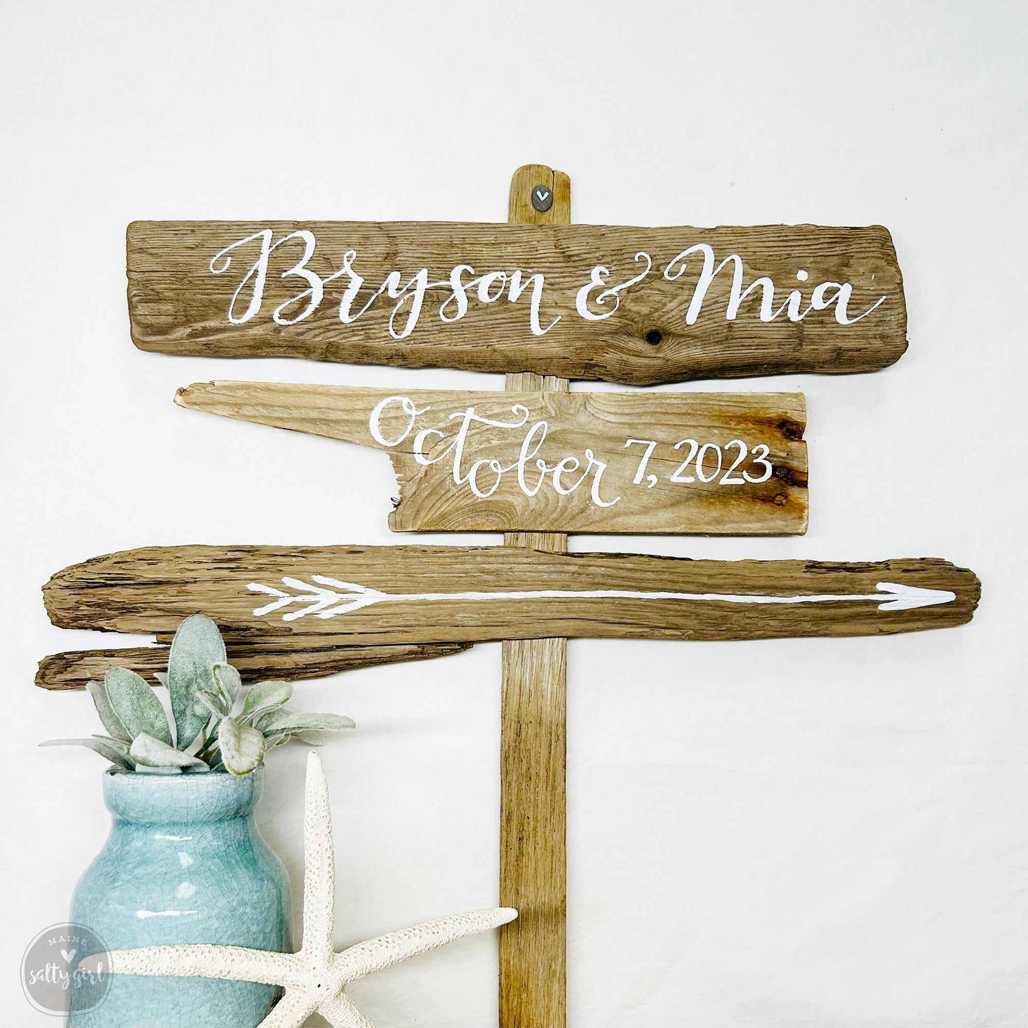 Personalized Coastal Wedding Signs | Custom Driftwood Signs on Post
