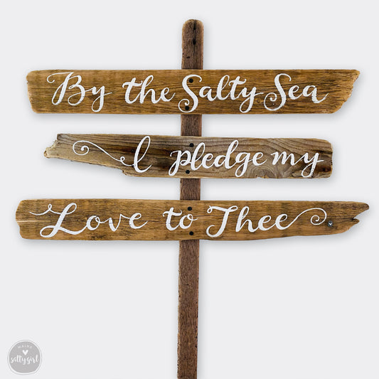 Hand-Lettered Driftwood Wedding Sign | Custom Beach Wedding Decor "By the Salty Sea" Sign