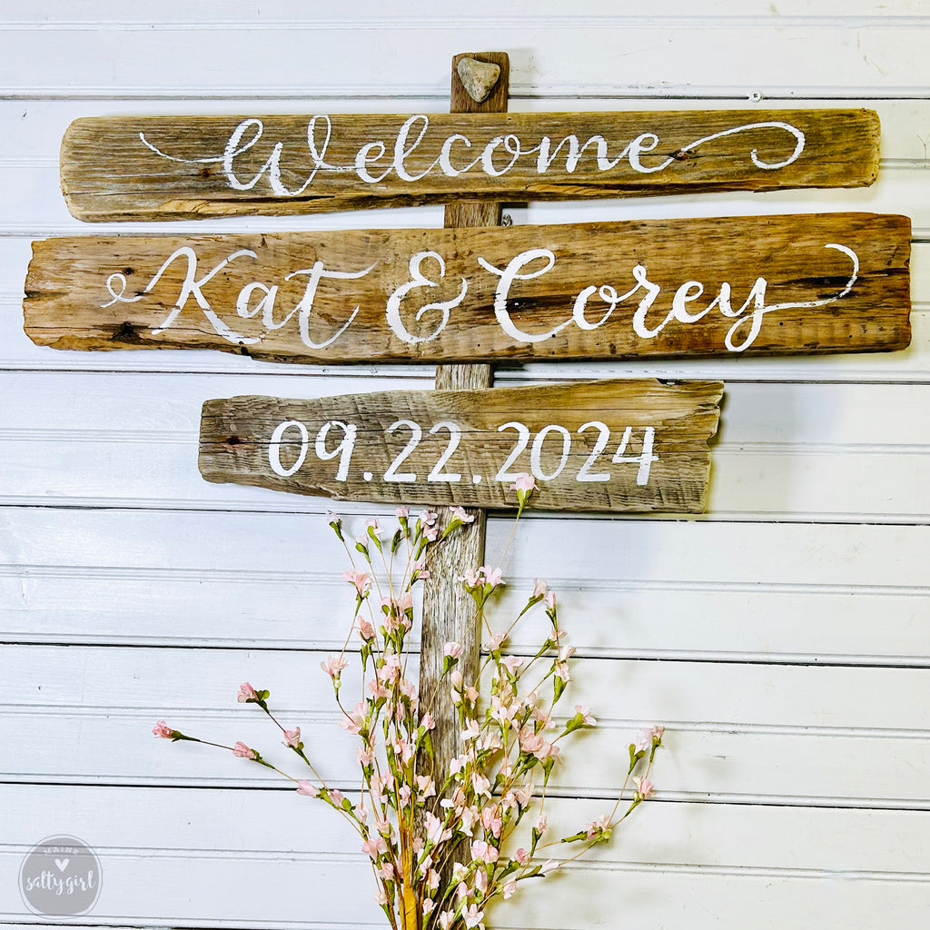 Personalized Coastal Wedding Signs | Custom Driftwood Signs on Post
