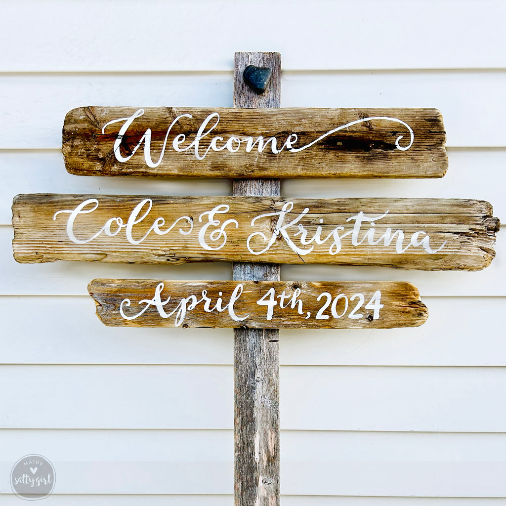 Personalized Coastal Wedding Signs | Custom Driftwood Signs on Post