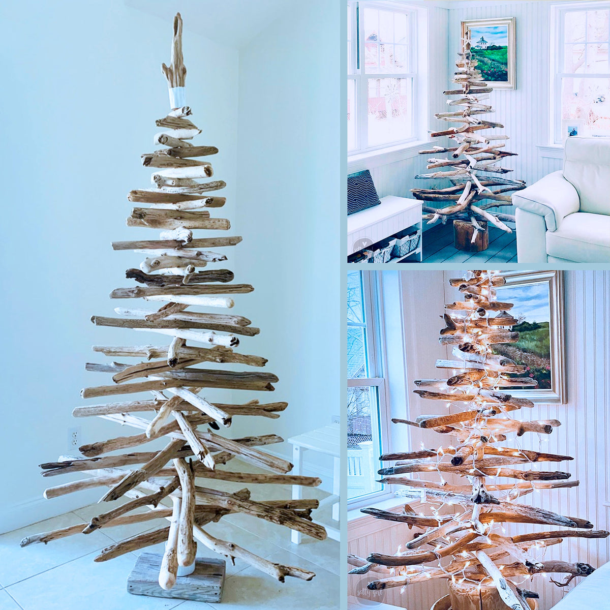 The image is a collage of three photos depicting a unique, handmade Christmas tree made from driftwood. The tree is adorned with lights, giving it a festive appearance. The first photo shows the tree standing tall, the second photo captures the tree in a living room setting, and the third photo provides a close-up view of the tree's intricate details.