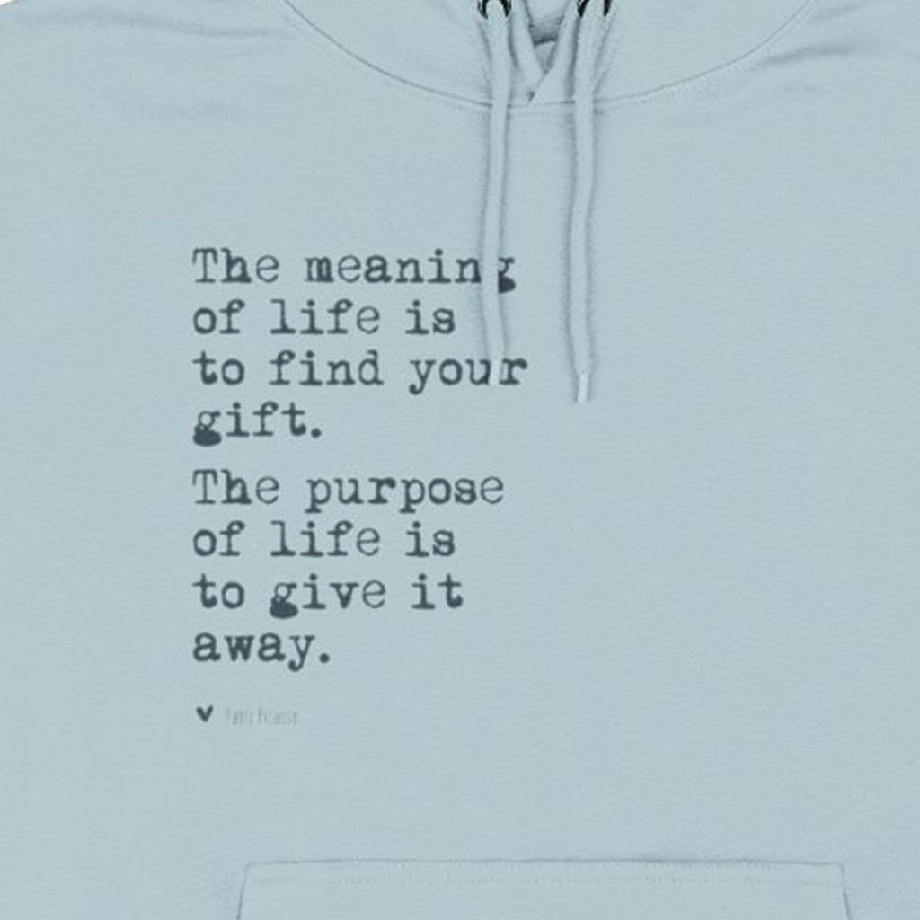 a light blue Maine Salty Girl hoodie with a quote printed on it.