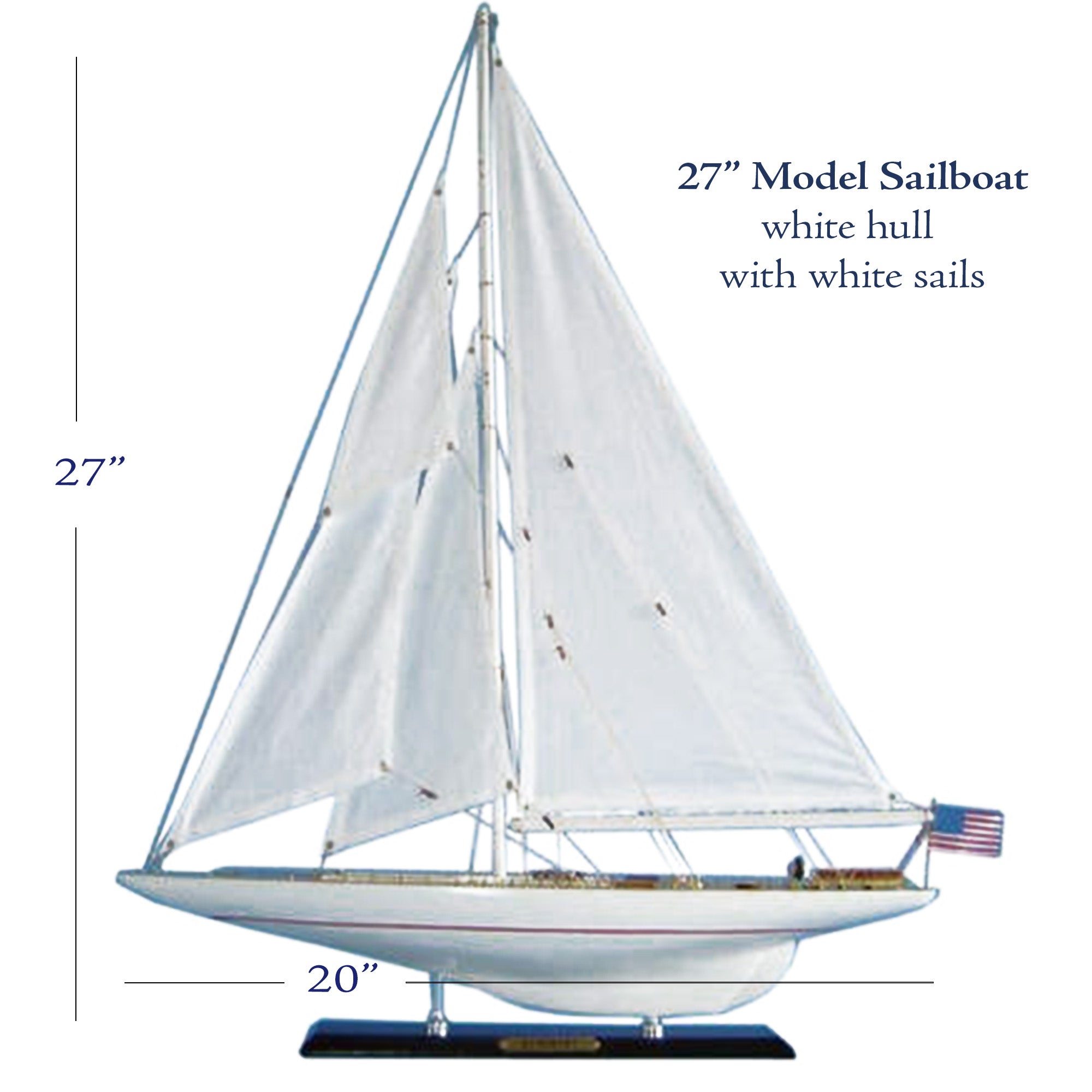 A model sailboat with white hull and white sails, measuring 27 inches in length and 20 inches in width.