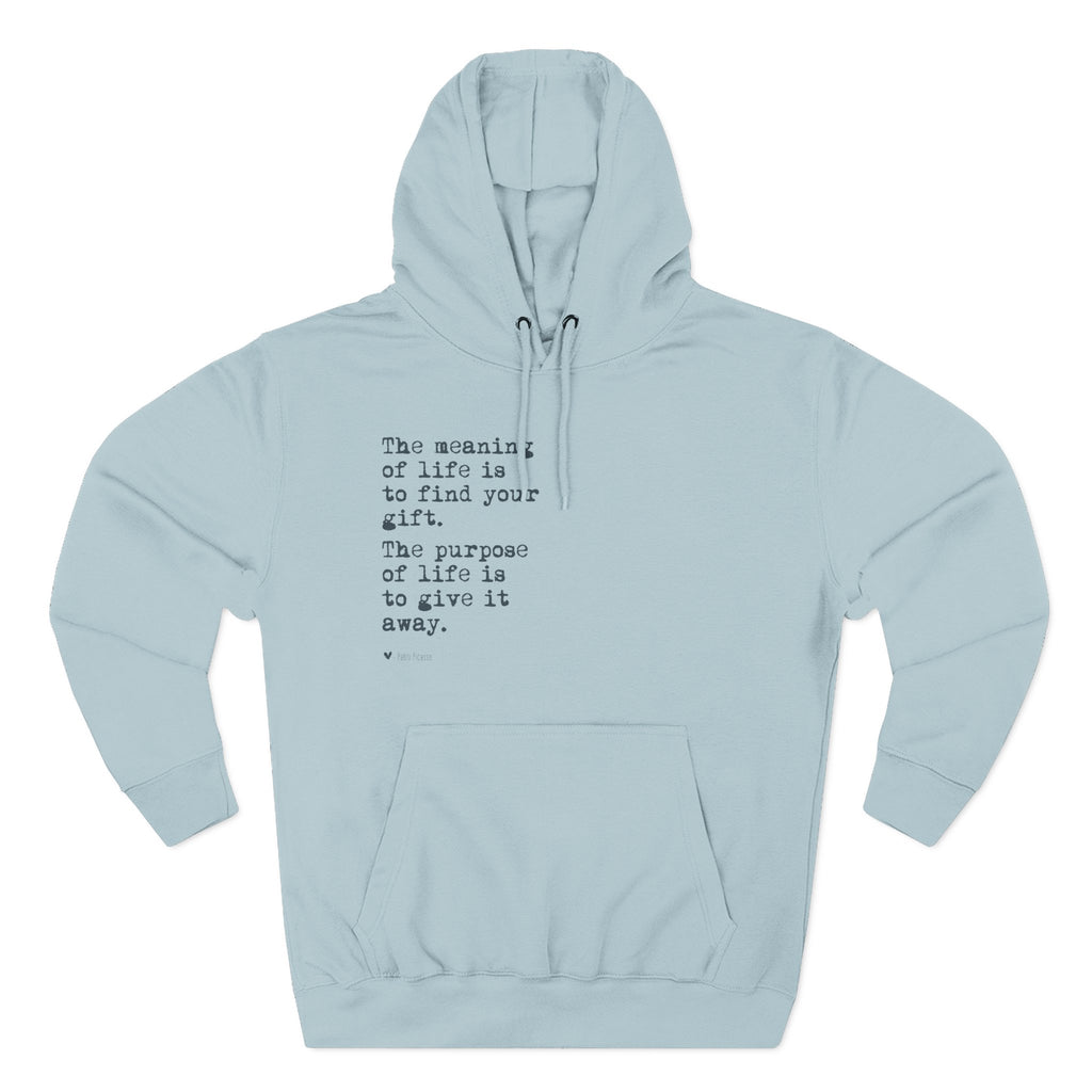A light blue Maine Salty Girl hoodie with a quote printed on it.