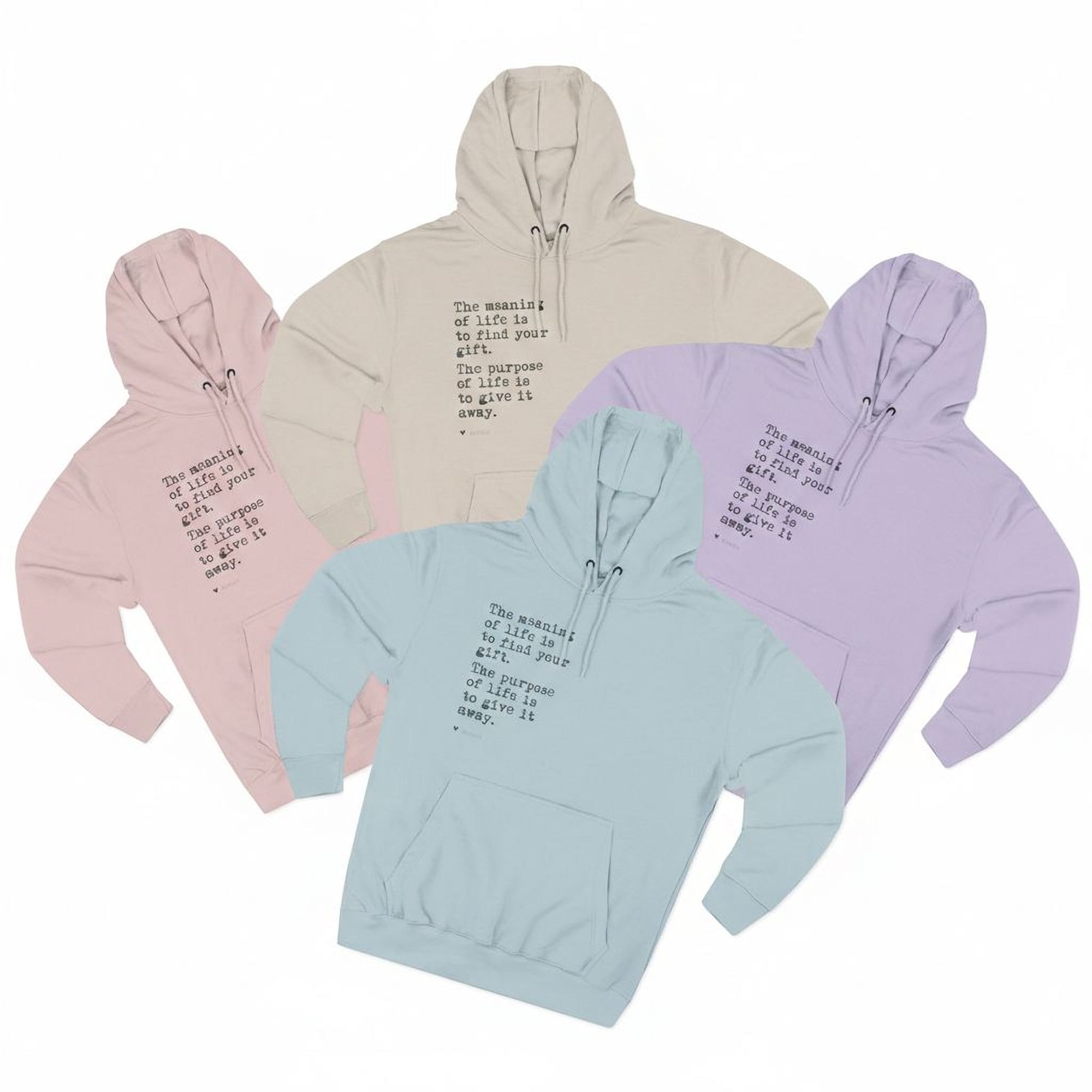Four Maine Salty Girl hooded sweatshirts with text printed on them.