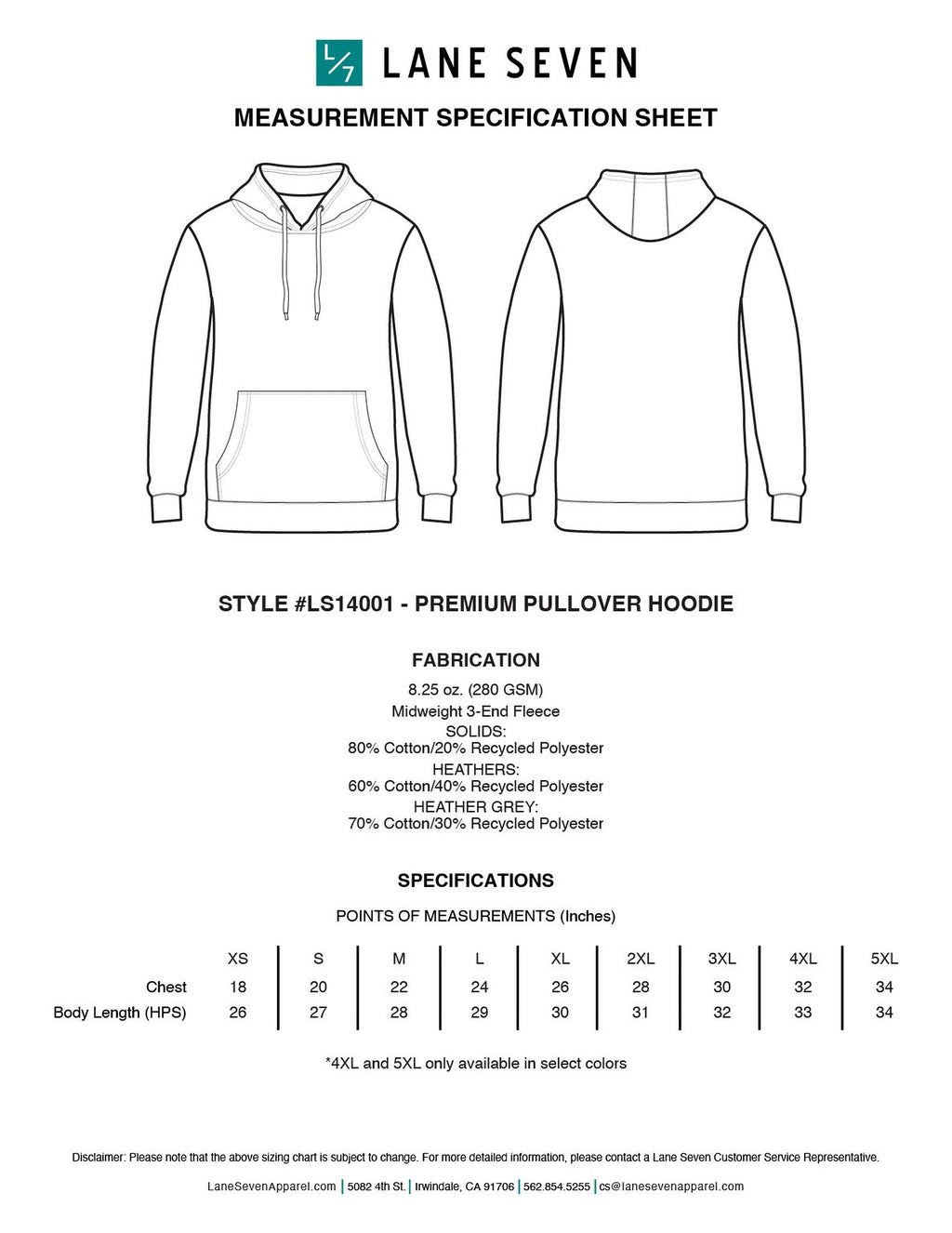 The image is a Measurement Specification Sheet for a premium pullover hoodie, providing details on the fabric, measurements, and colors available.