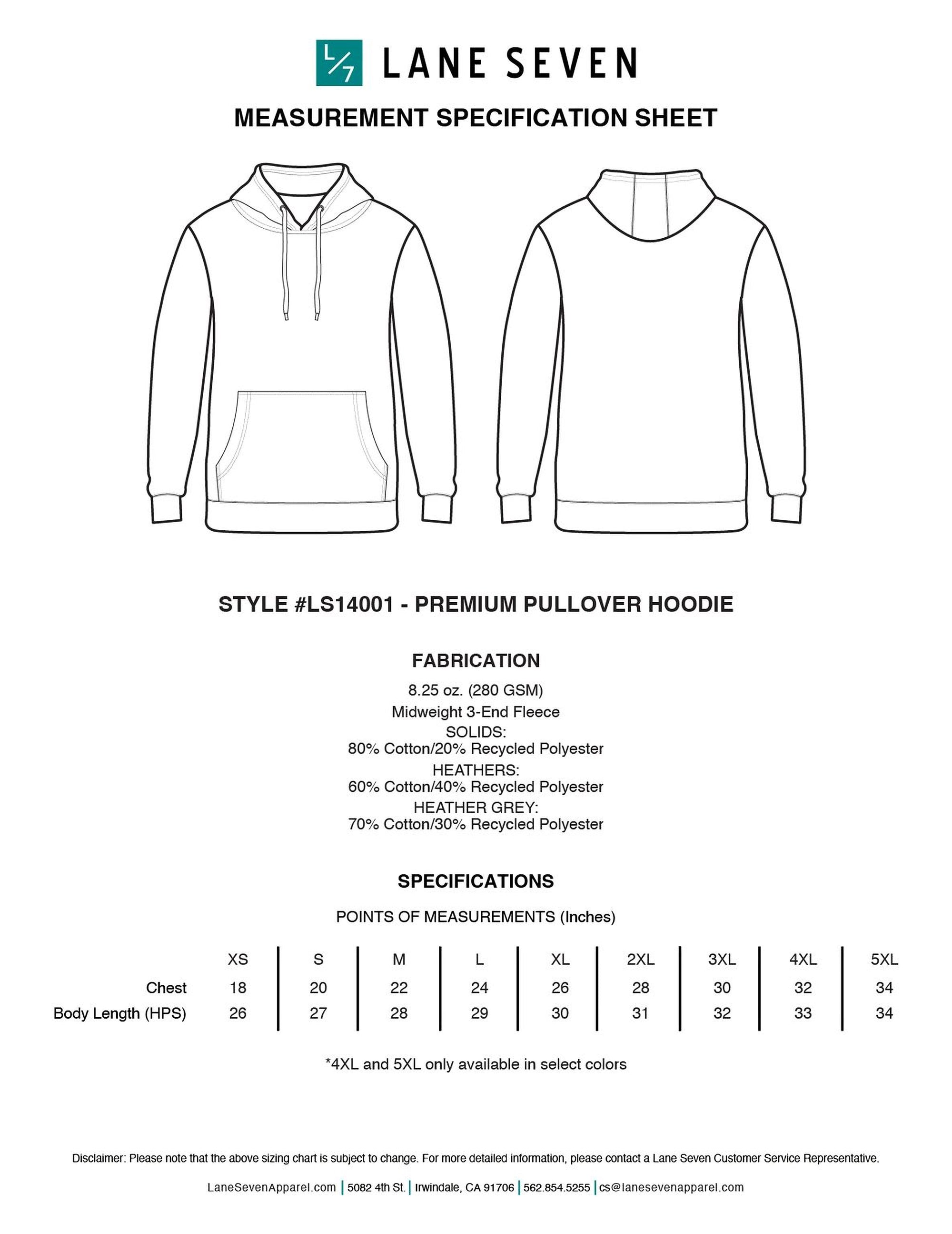 The image is a Measurement Specification Sheet for a premium pullover hoodie, providing details on the fabric, measurements, and colors available.