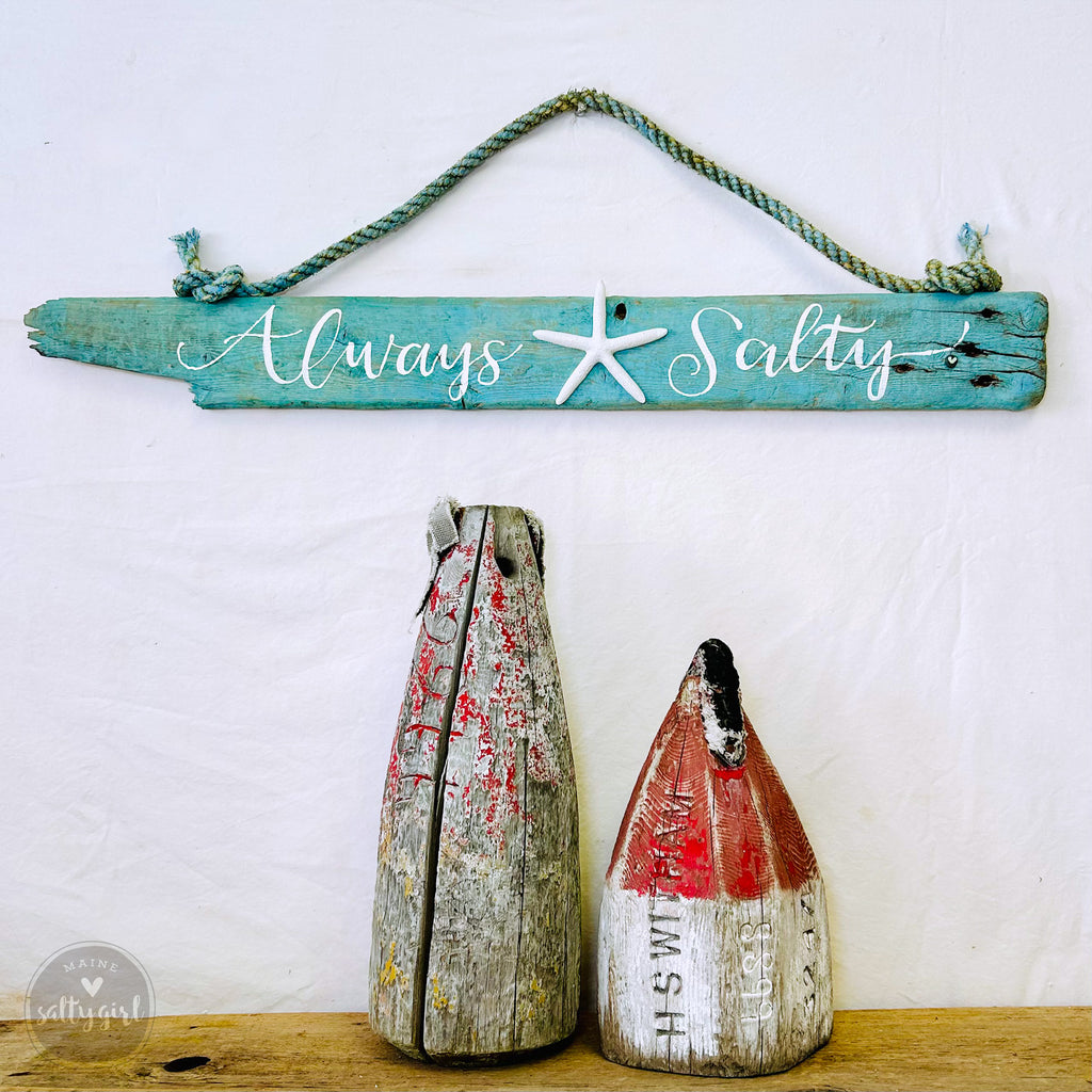two weathered wooden objects, a boat and a buoy, with a sign that reads "Always Salty" hanging above them.
