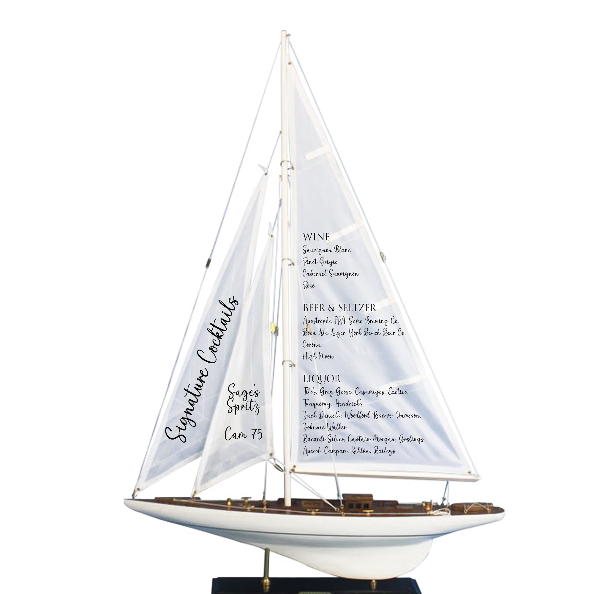 A model of a sailboat with a menu displayed on its sails, featuring various alcoholic beverages such as wine, beer, and liquor.