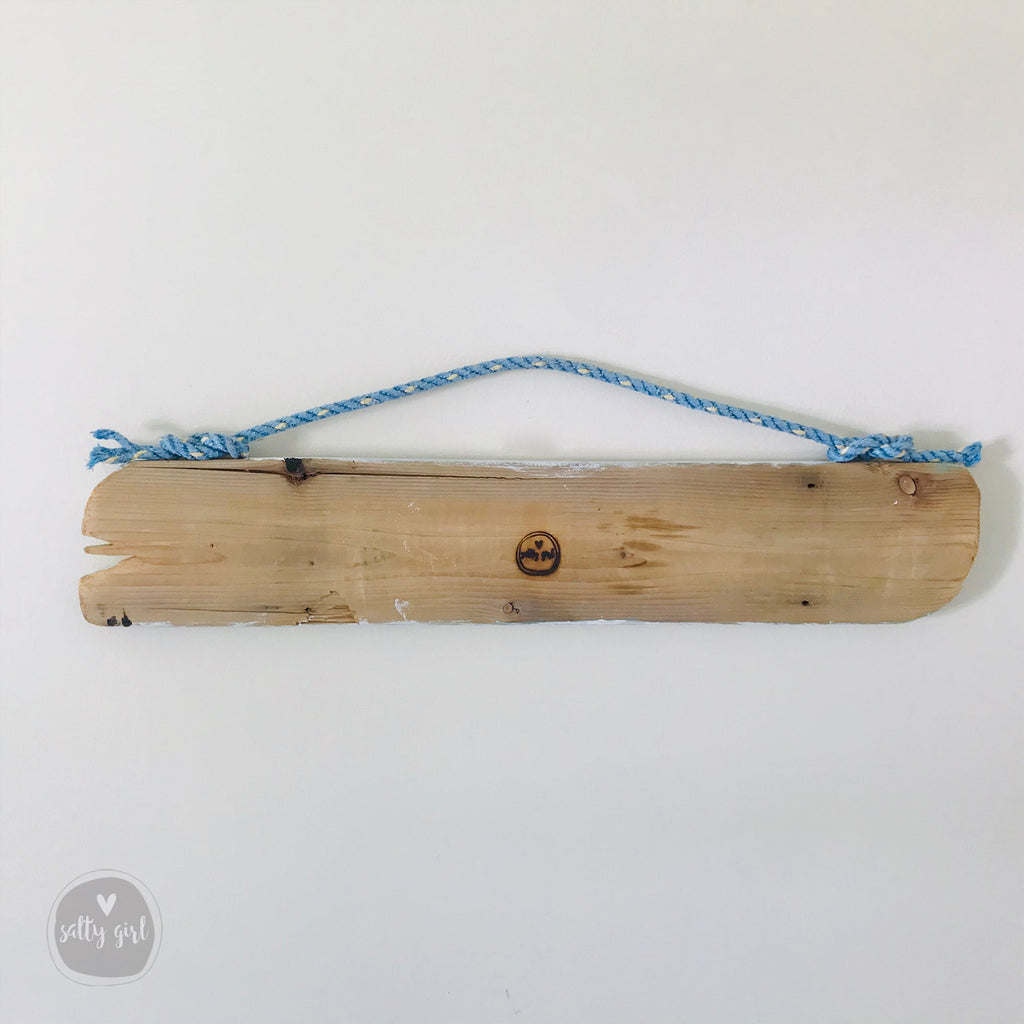 a wooden plank with a blue rope attached to it, hanging against a white background.