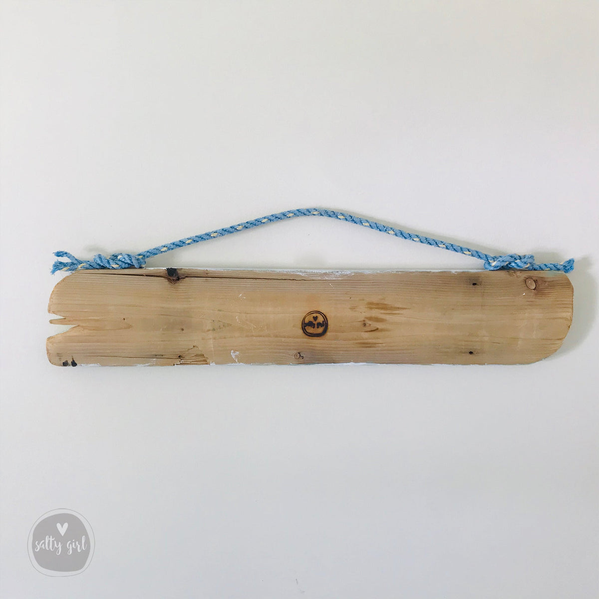 a wooden plank with a blue rope attached to it, hanging against a white background.