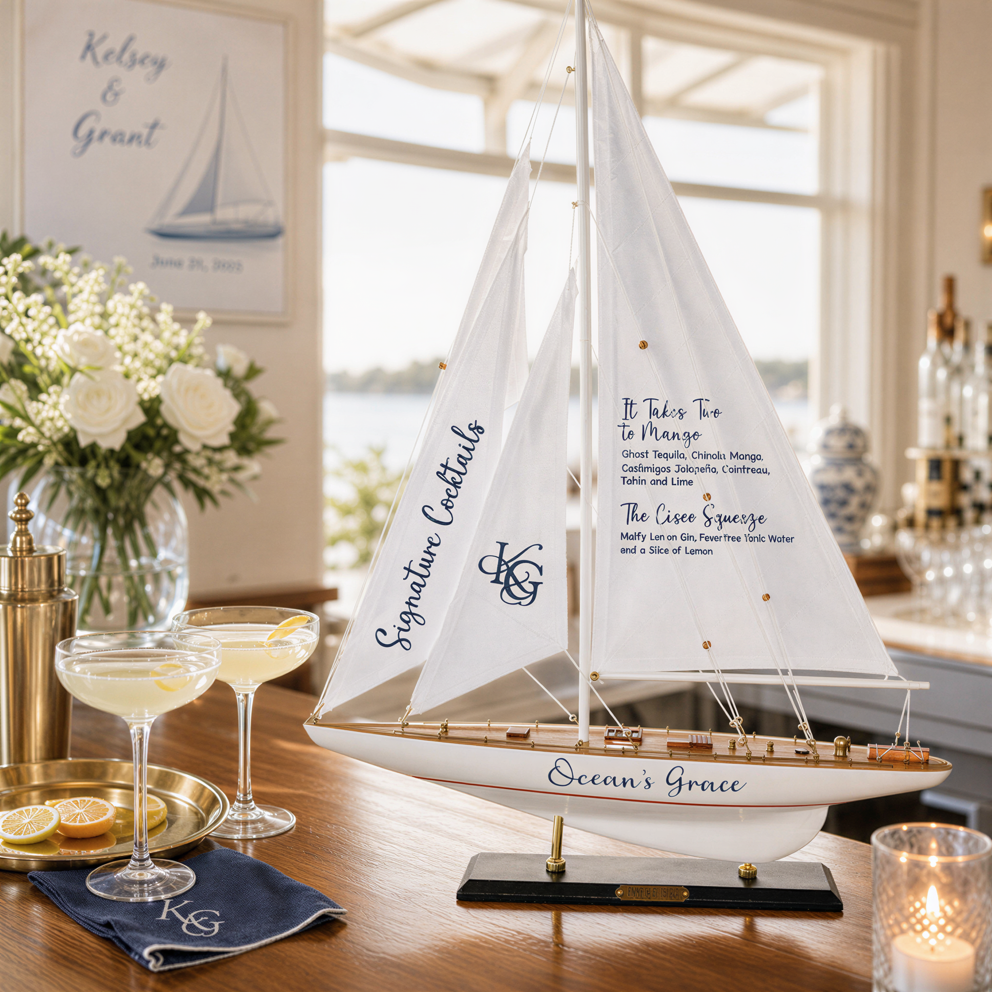 a table with a decorative sailboat model, a vase of white flowers, and two glasses of what appears to be cocktails. The sailboat model is placed on a black stand, and there is a menu or sign with cocktail names and descriptions on the table.