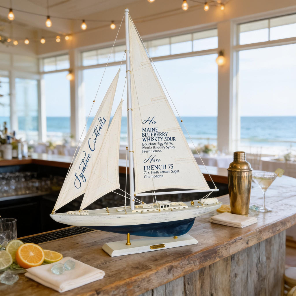 A decorative sailboat model sits on a bar counter, with a cocktail shaker and a glass of white wine nearby.