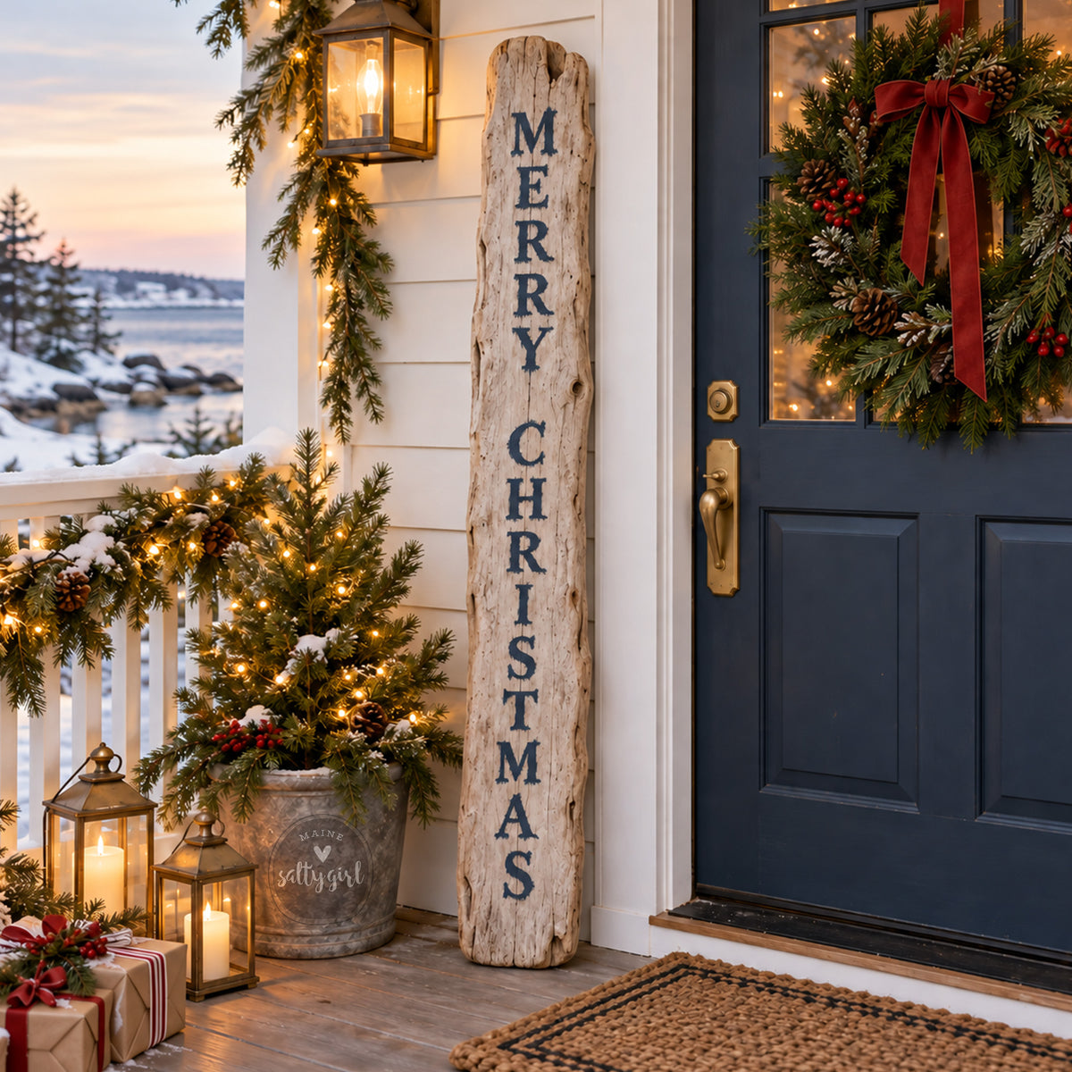 a beautifully decorated front porch with a "Merry Christmas" sign, a wreath, and Christmas lights. The porch is adorned with a potted plant, a lantern, and a gift box, creating a festive atmosphere. The scene is set against a backdrop of a snowy landscape, with a blue door and a railing visible.