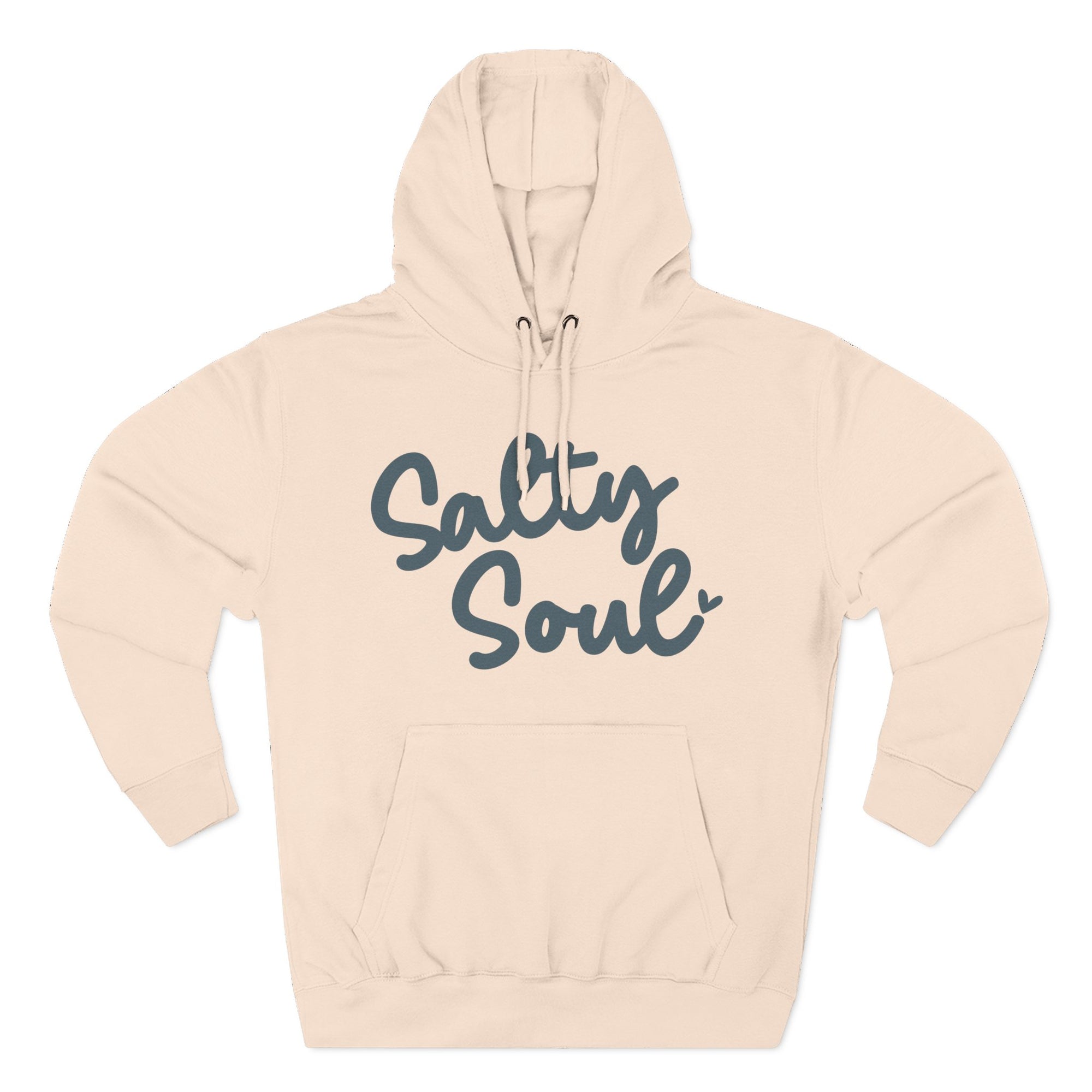 A beige Maine Salty Girl hoodie with the text "Salty Soul" printed on it in a cursive font.