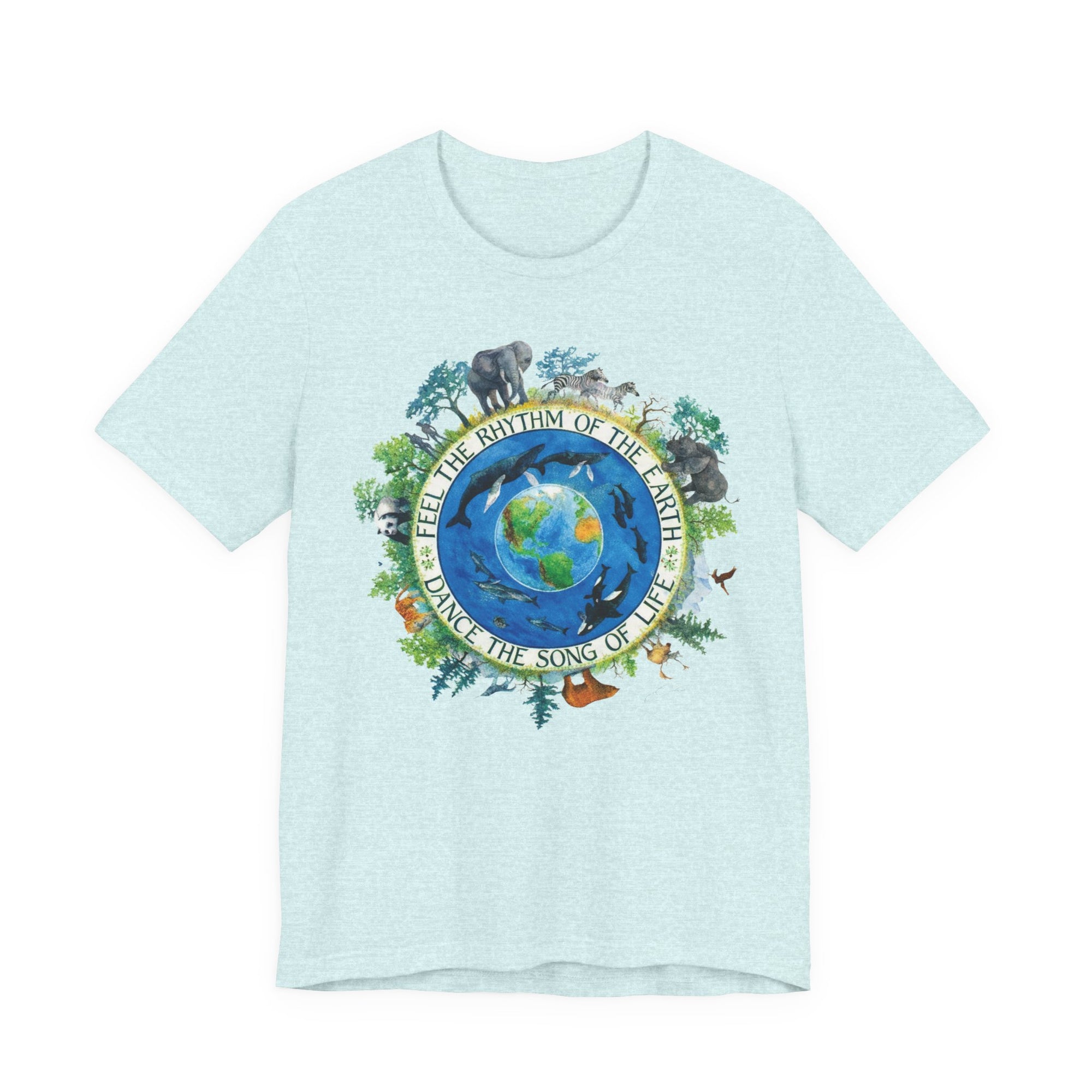 Light blue t-shirt with environmental graphic design on a white background