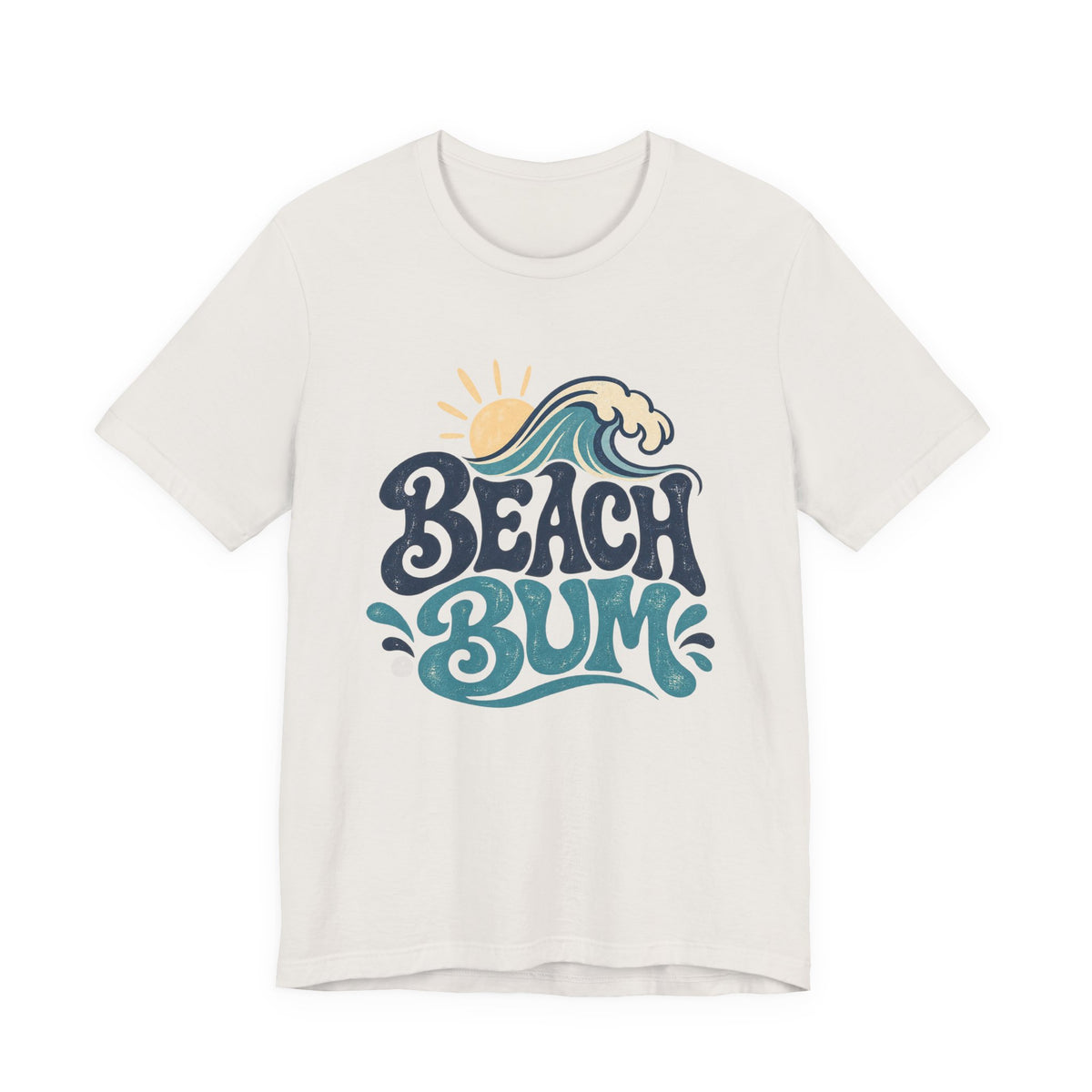 A white t-shirt with a graphic design featuring the text "BEACH BUM" and a sun-like symbol.