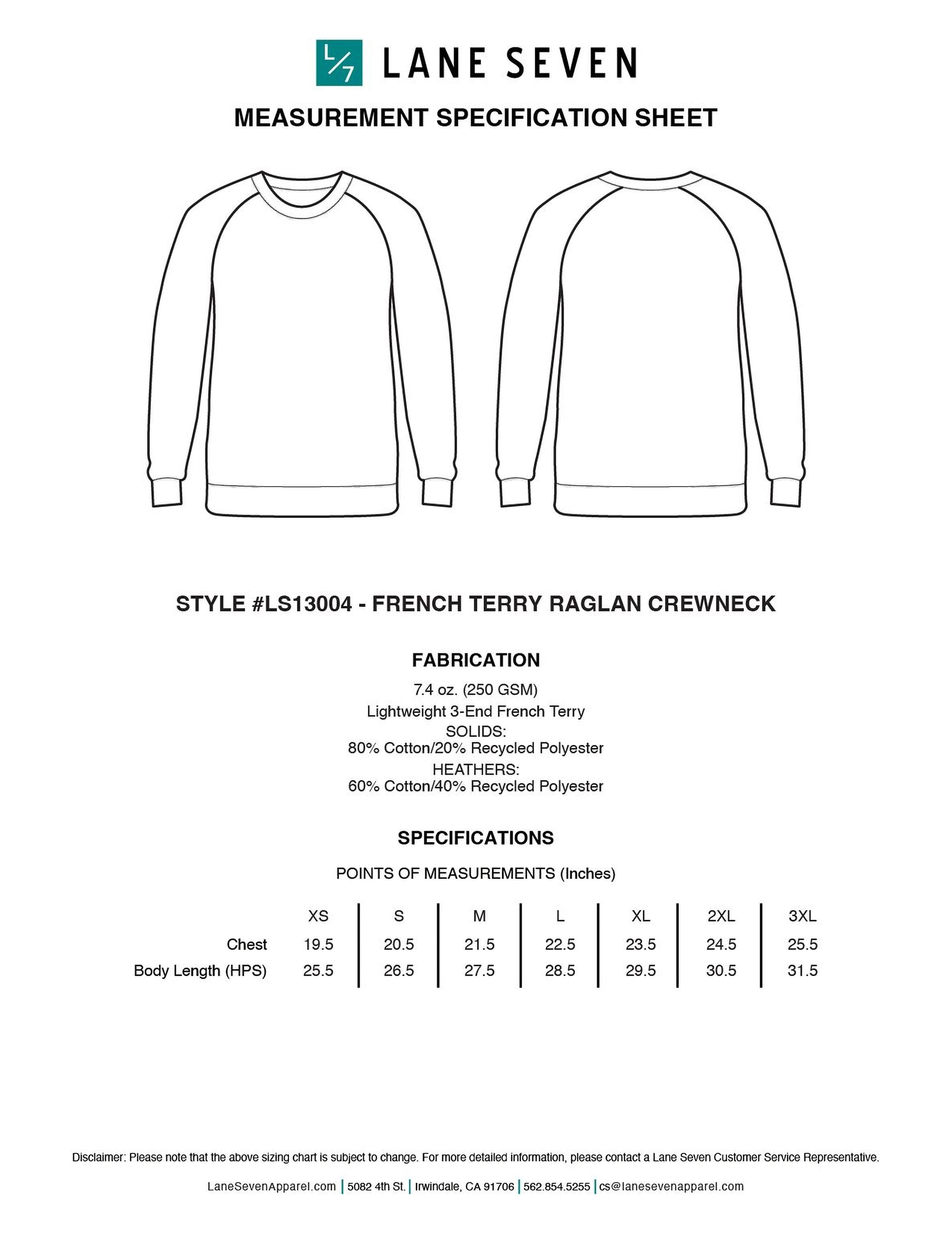 The image is a measurement specification sheet for a French Terry Raglan Crew neck, which is a type of crew neck sweater. The sheet provides measurements and specifications for the style and size of the sweater, including chest, waist, hips, and shoulders measurements.