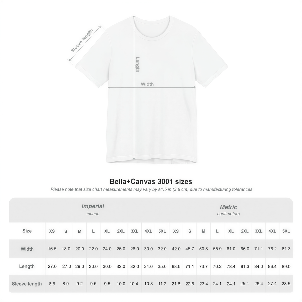 a white t-shirt with measurements and sizes listed below it.