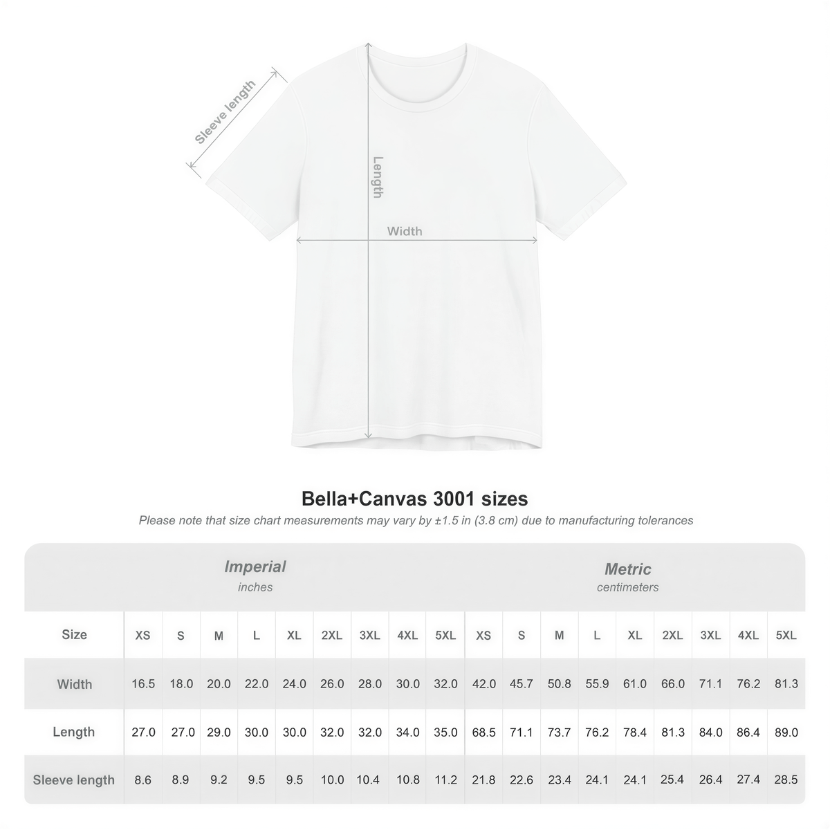 a white t-shirt with measurements and sizes listed below it.