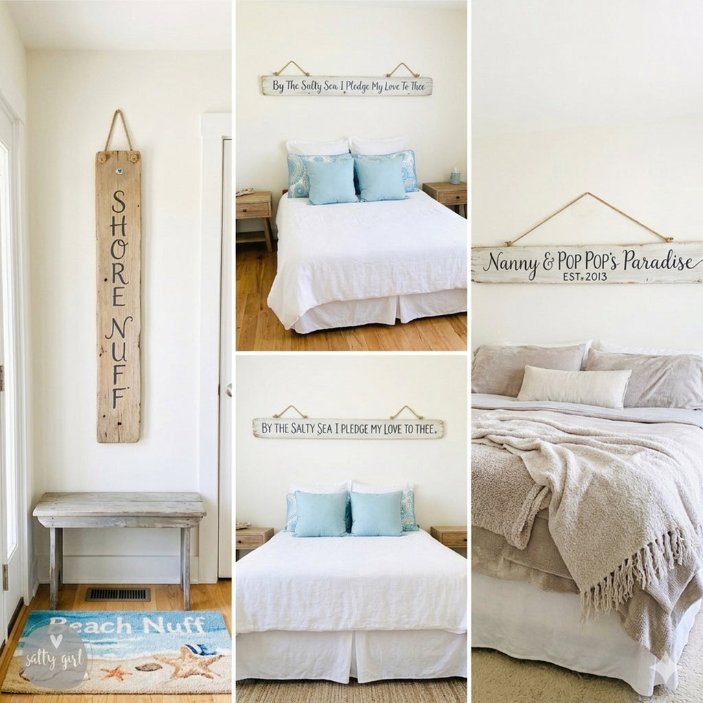 The image is a collage of four photos depicting a bedroom with a beach-themed decor. The first photo shows a bed with white sheets and a blue blanket, the second photo shows a bed with white sheets and a gray blanket, the third photo shows a bed with white sheets and a blue blanket, and the fourth photo shows a bed with white sheets and a gray blanket.