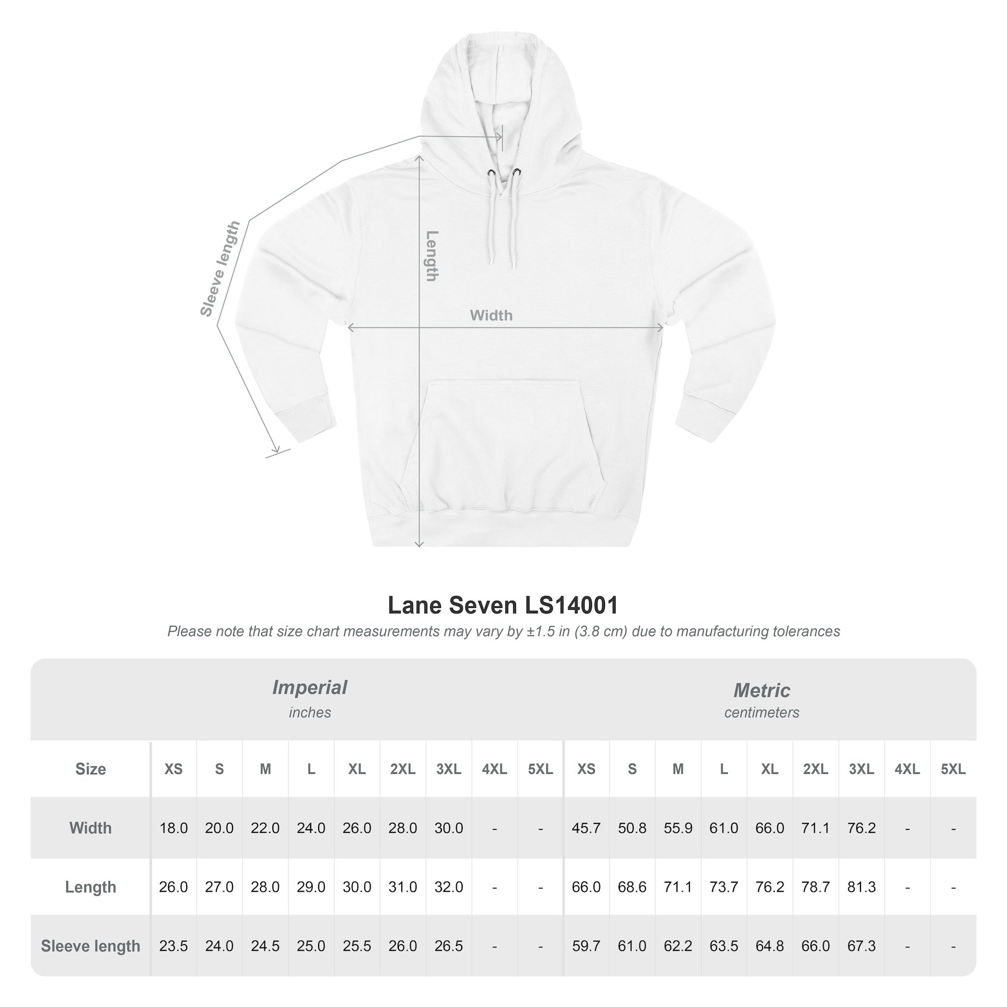 a white hoodie with measurements and a size chart, indicating the size chart measurements may vary by 1.5 to (8) cm in size.