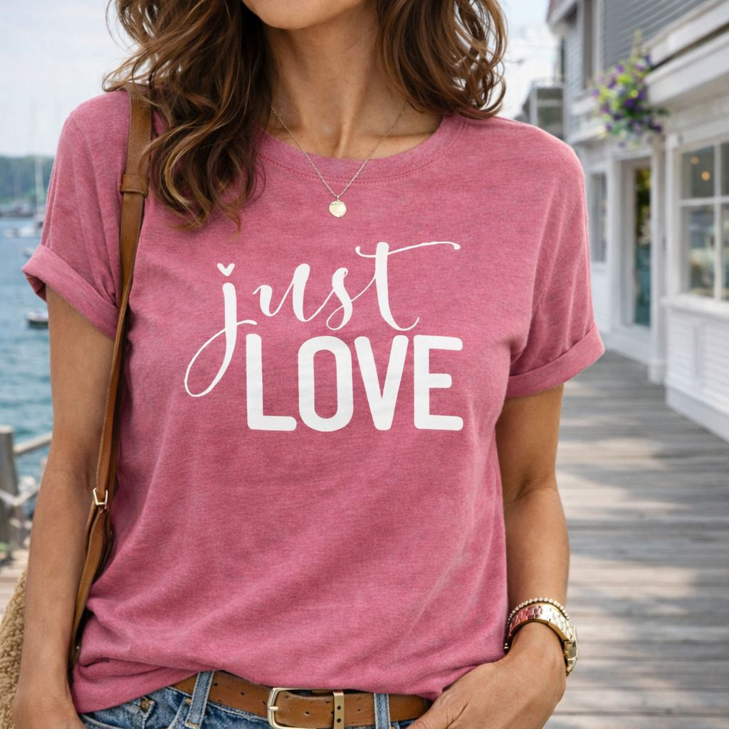 A woman wearing a pink Maine Salty Girl t-shirt with the text "Just Love" printed on it, standing on a wooden boardwalk near a body of water.