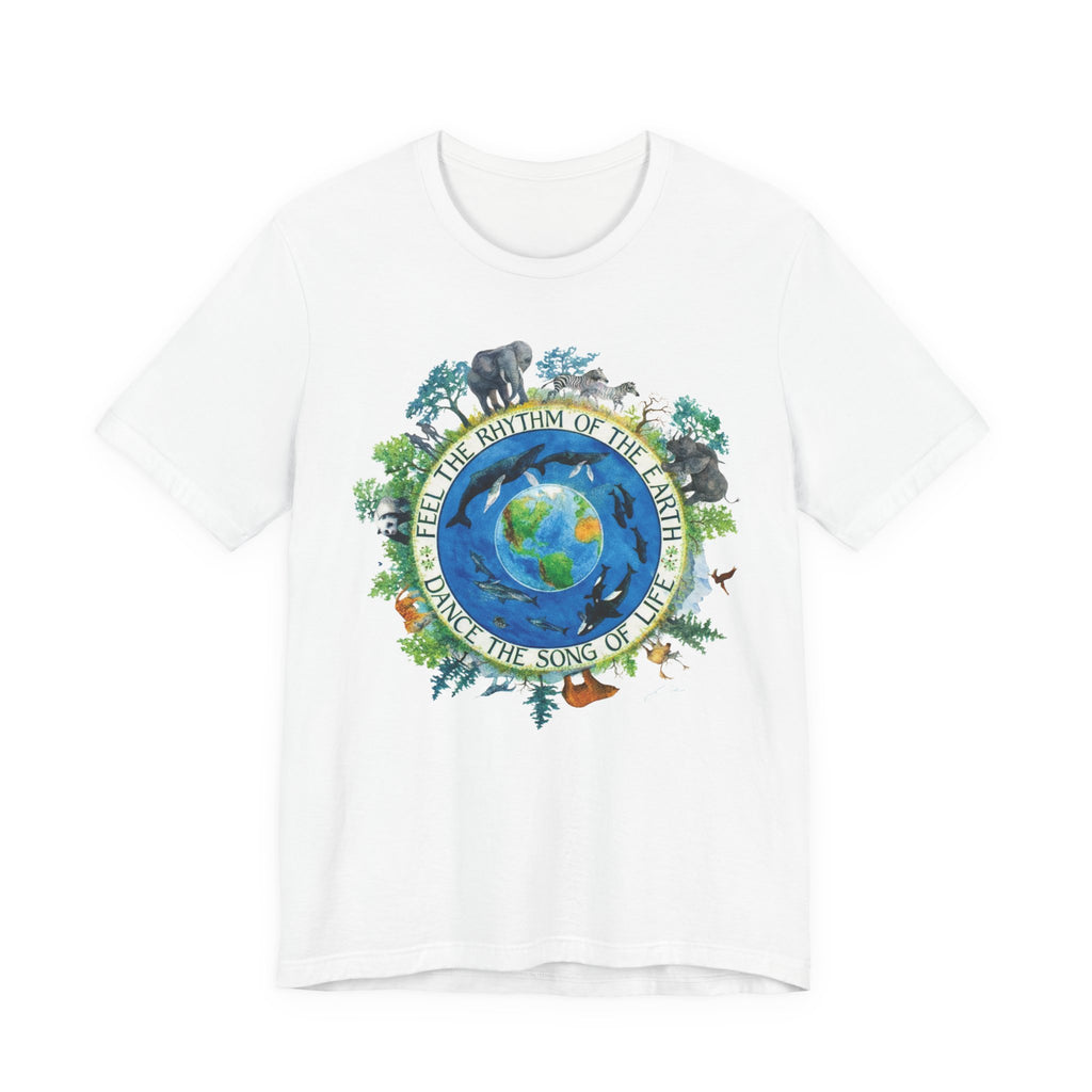A white Maine Salty Girl t-shirt with a graphic design depicting a colorful, circular illustration of the Earth surrounded by various animals and plants, along with the text "FEEL THE BODY OF THE EARTH, DANCE THE SONG OF LIFE".
