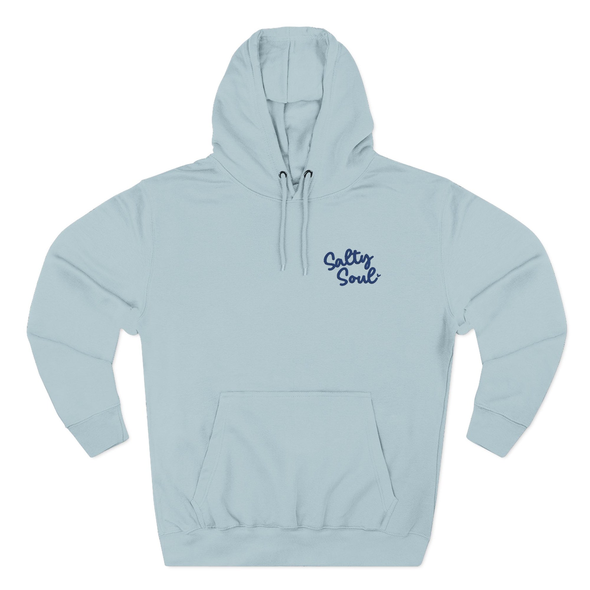 A light blue hoodie with a drawstring hood and a small logo on the front.