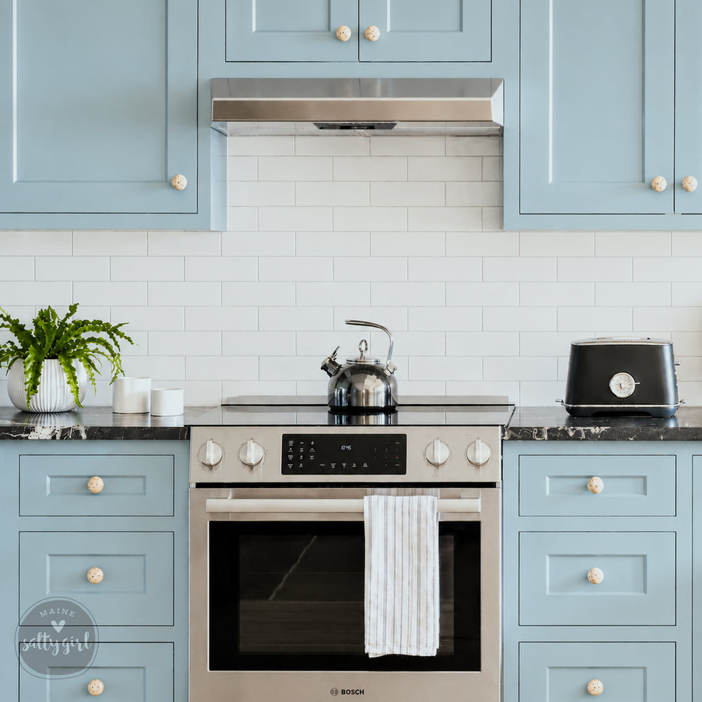 A modern kitchen with light blue cabinets, a stainless steel oven, and a black toaster on the countertop.