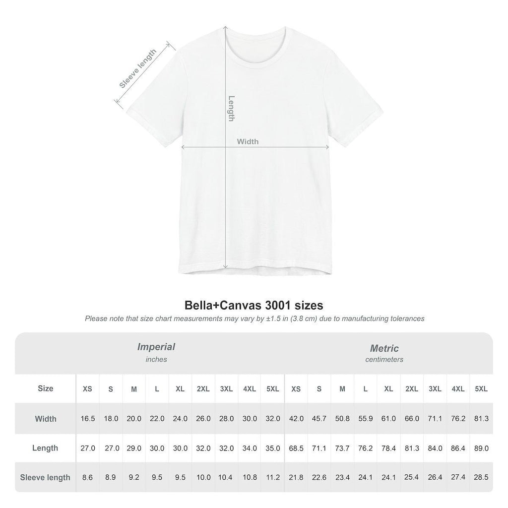 a white t-shirt with measurements and sizes listed below it.
