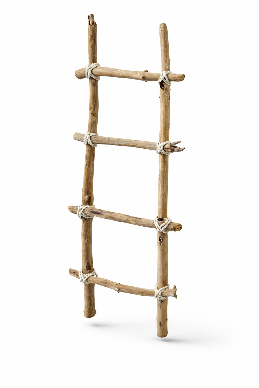 A simple wooden ladder made of four wooden planks connected by white ropes, standing alone against a white background.