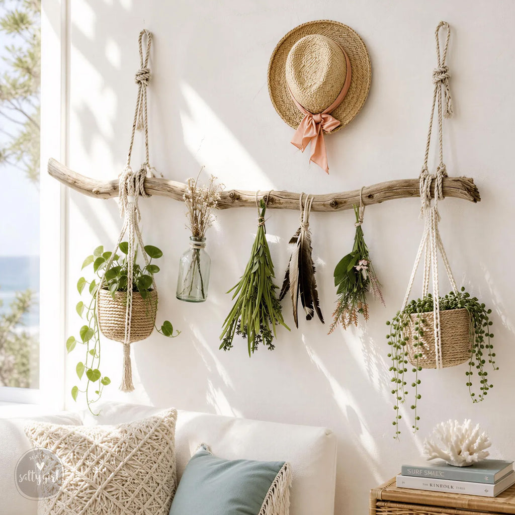 a cozy living space with a rustic wooden shelf displaying various potted plants and a straw hat, creating a charming and natural atmosphere.